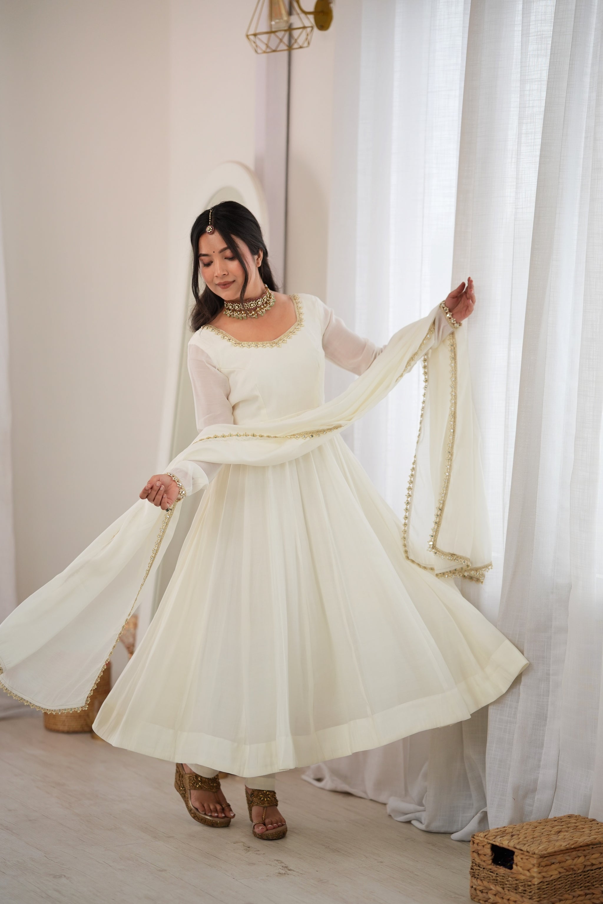 Off White Color Pure Mal CHanderi Three Piece Anarkali Suit