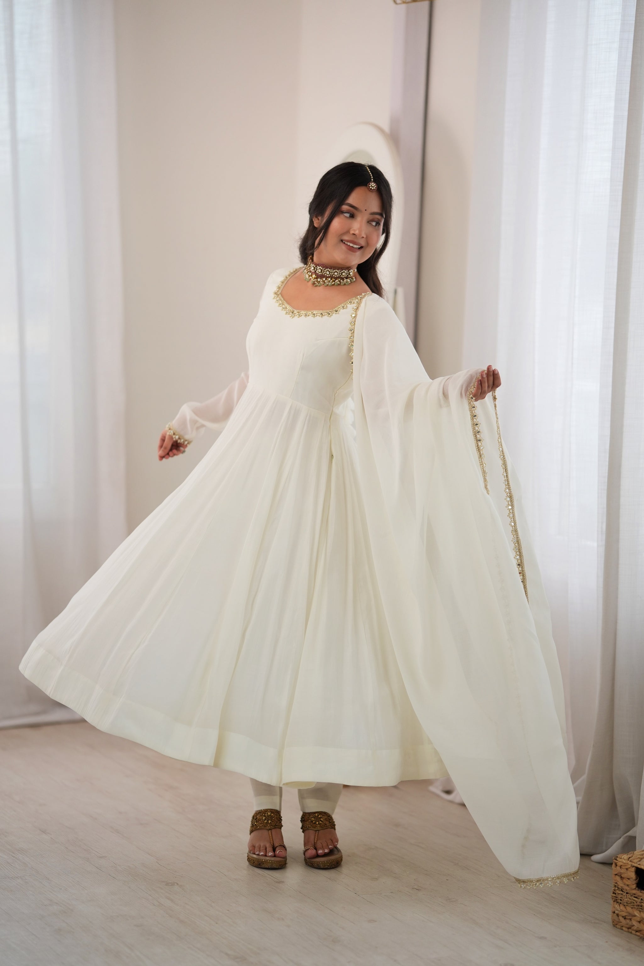 Off White Color Pure Mal CHanderi Three Piece Anarkali Suit