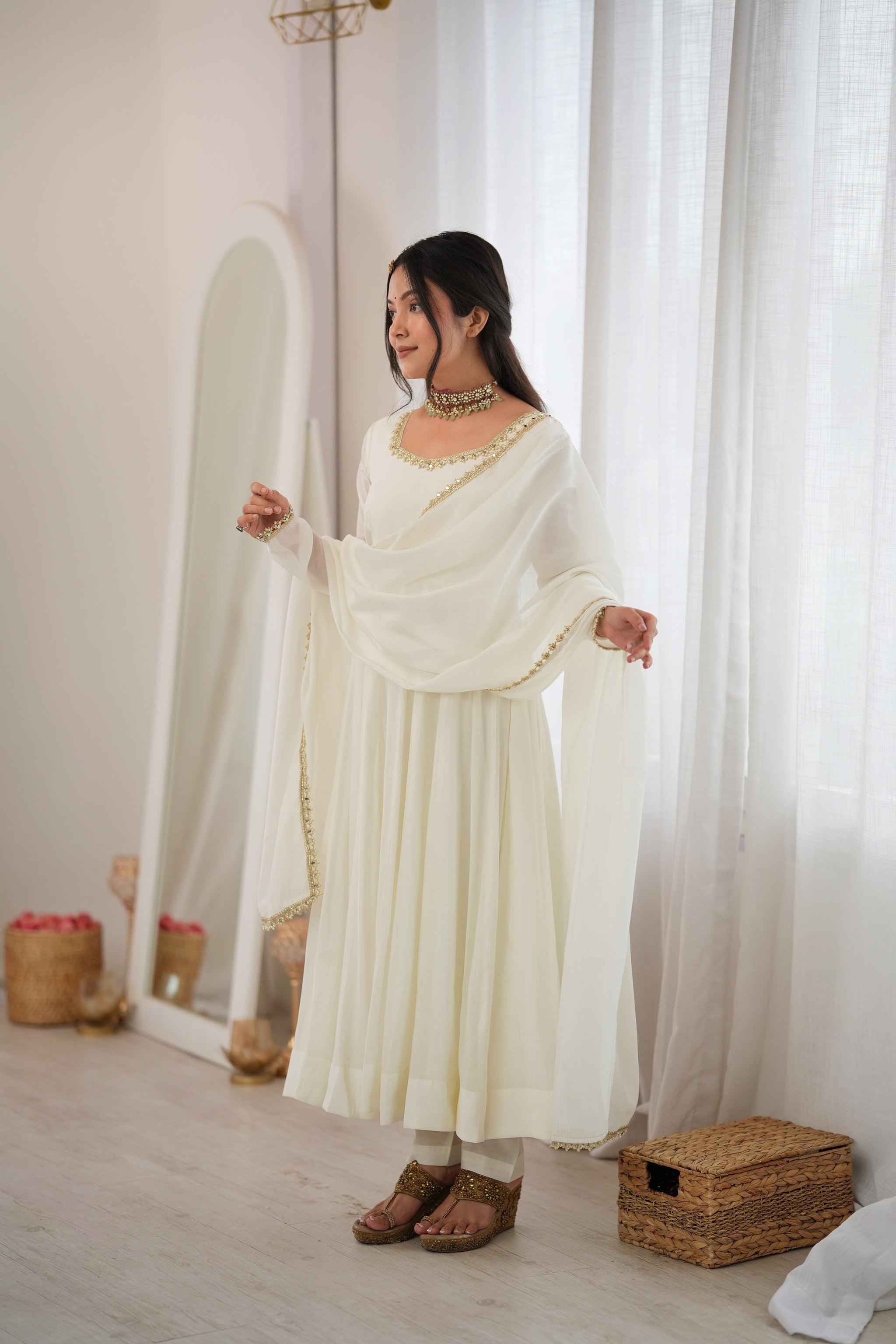 Off White Color Pure Mal CHanderi Three Piece Anarkali Suit