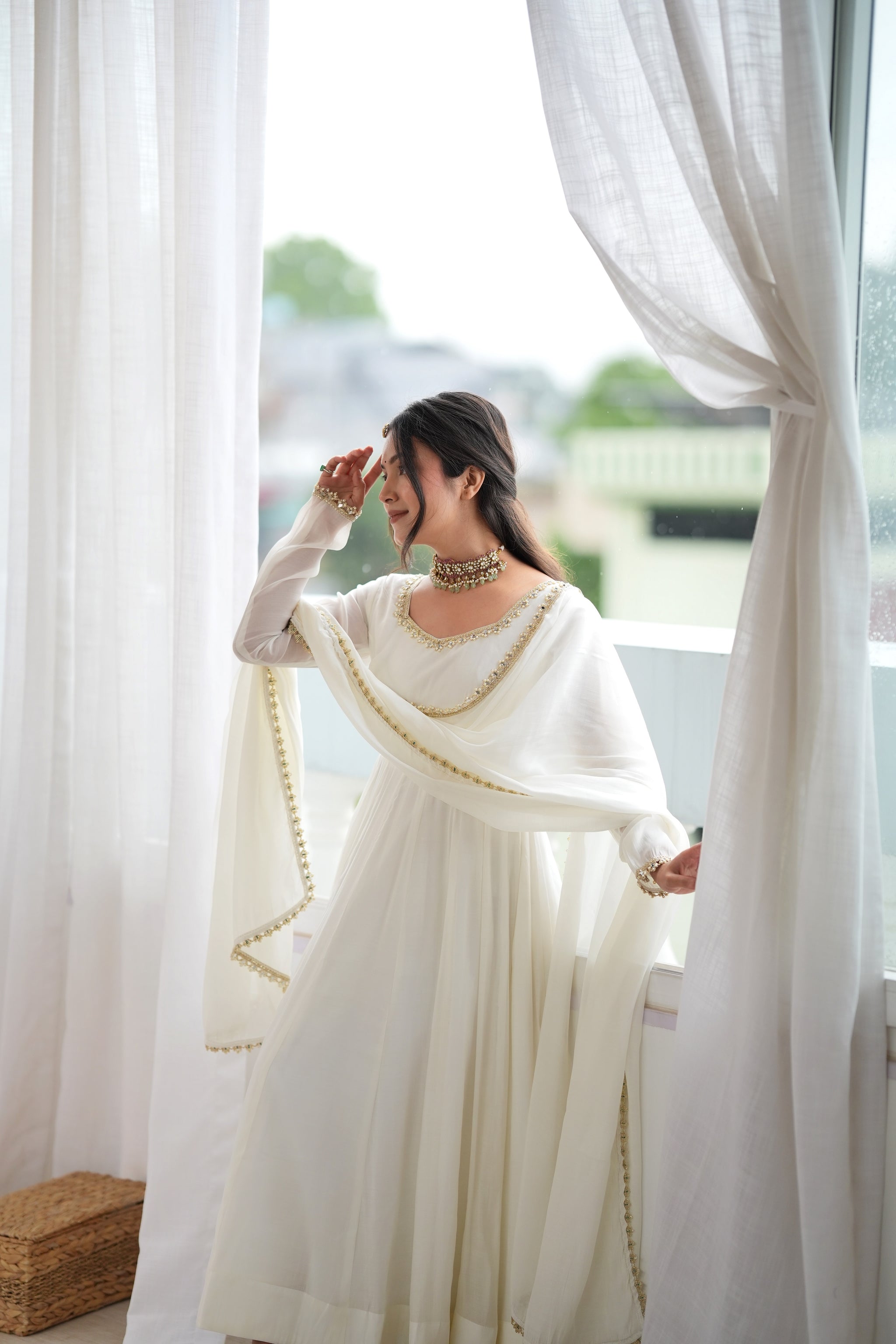Off White Color Pure Mal CHanderi Three Piece Anarkali Suit