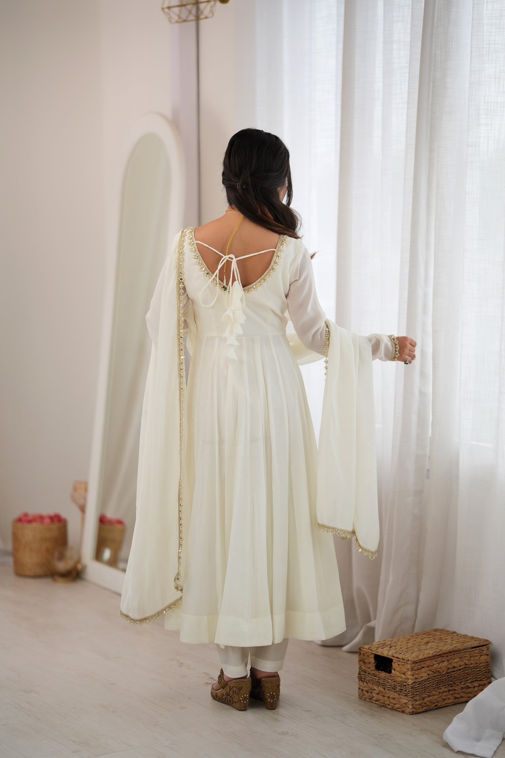 Off White Color Pure Mal CHanderi Three Piece Anarkali Suit
