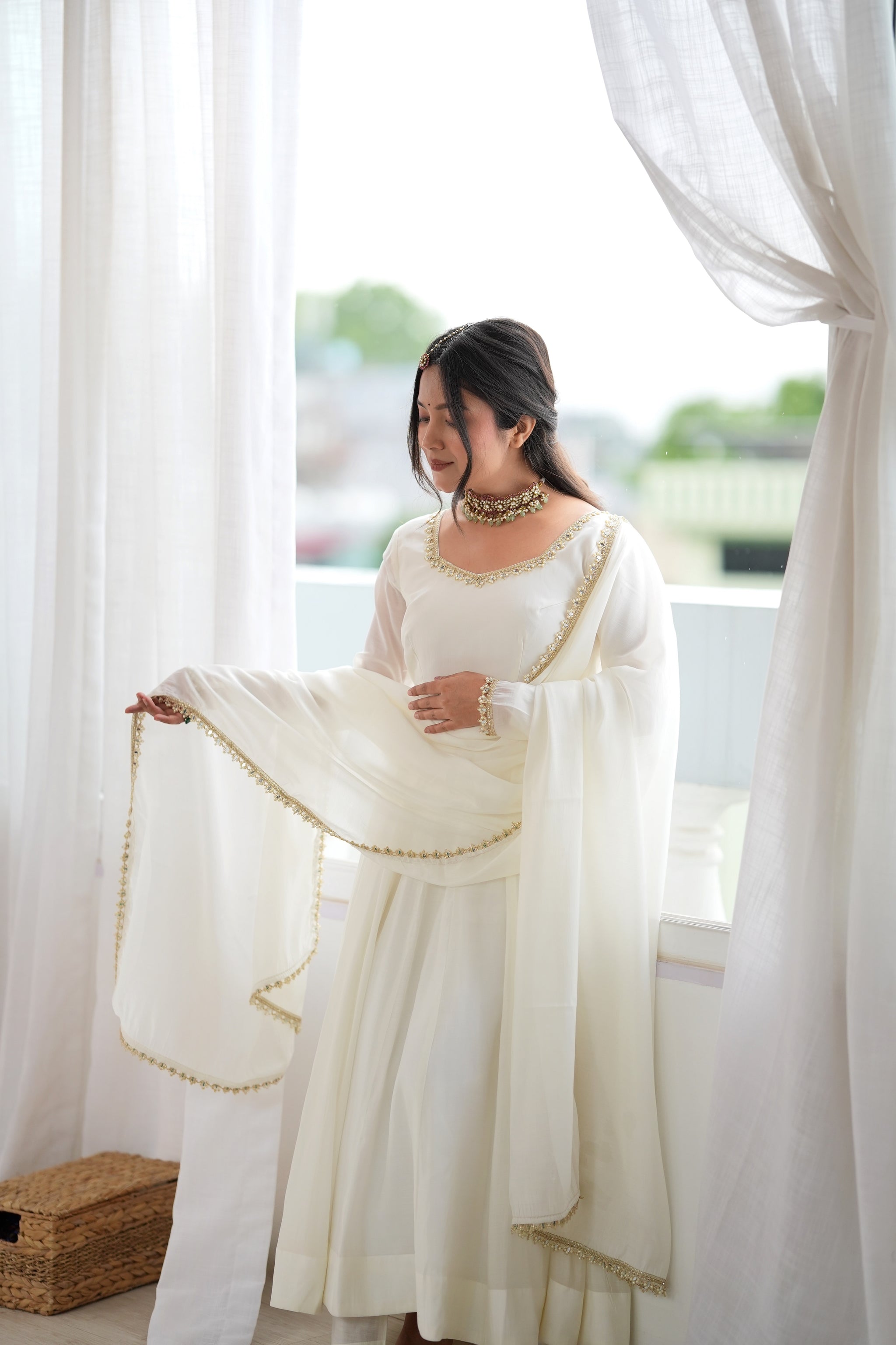 Off White Color Pure Mal CHanderi Three Piece Anarkali Suit