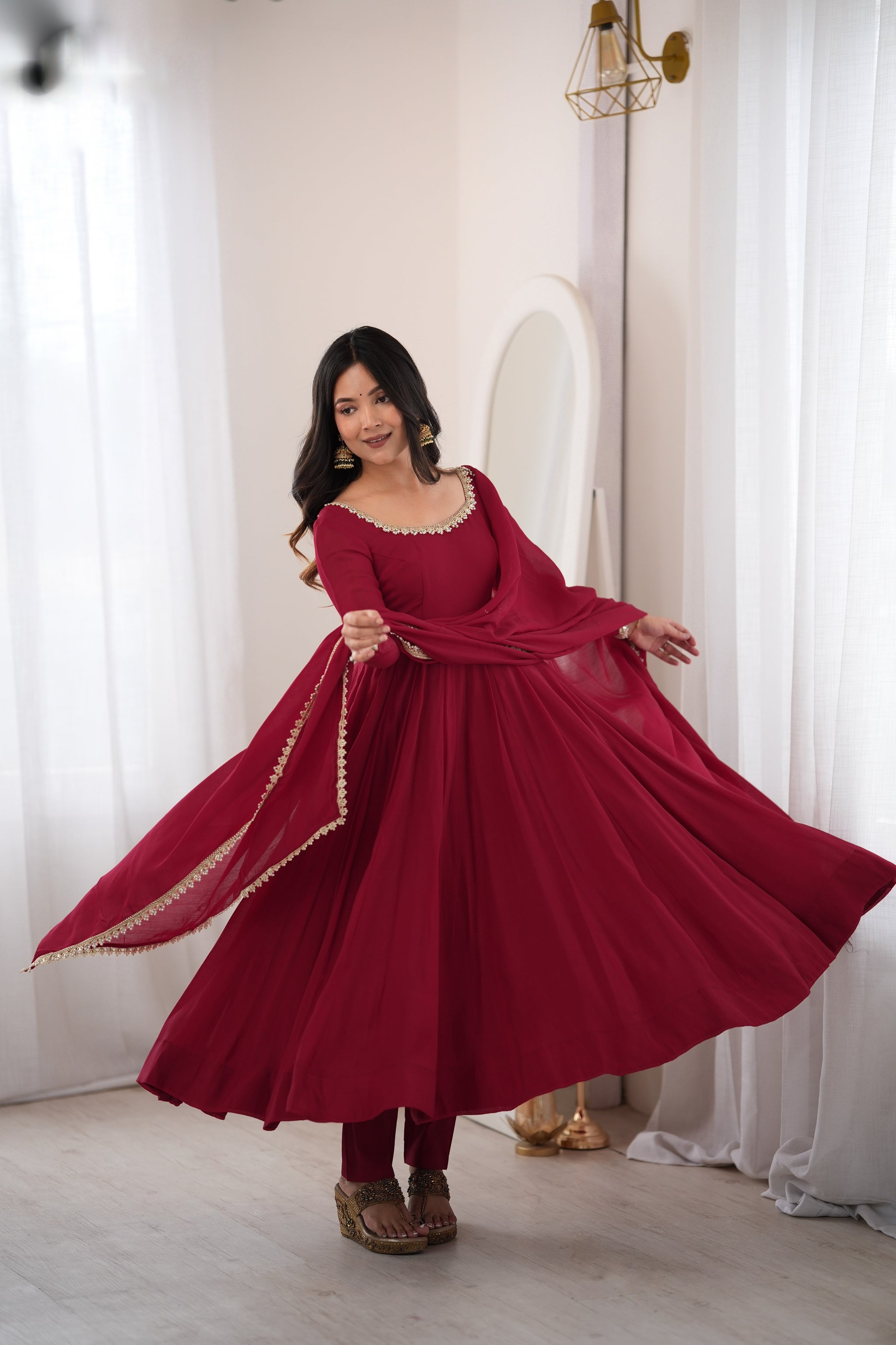 Maroon Color Pure Mal CHanderi Three Piece Anarkali Suit