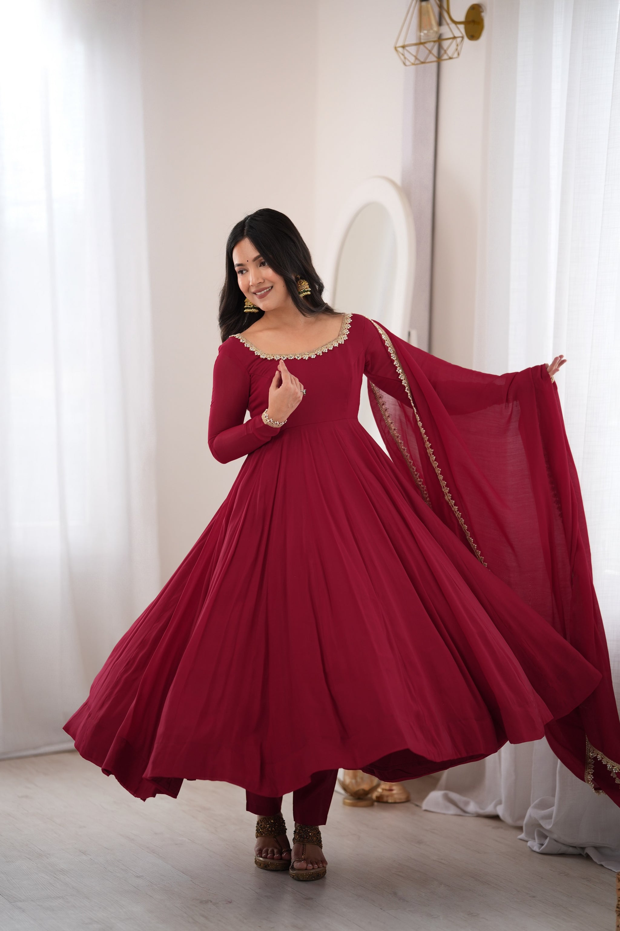 Maroon Color Pure Mal CHanderi Three Piece Anarkali Suit