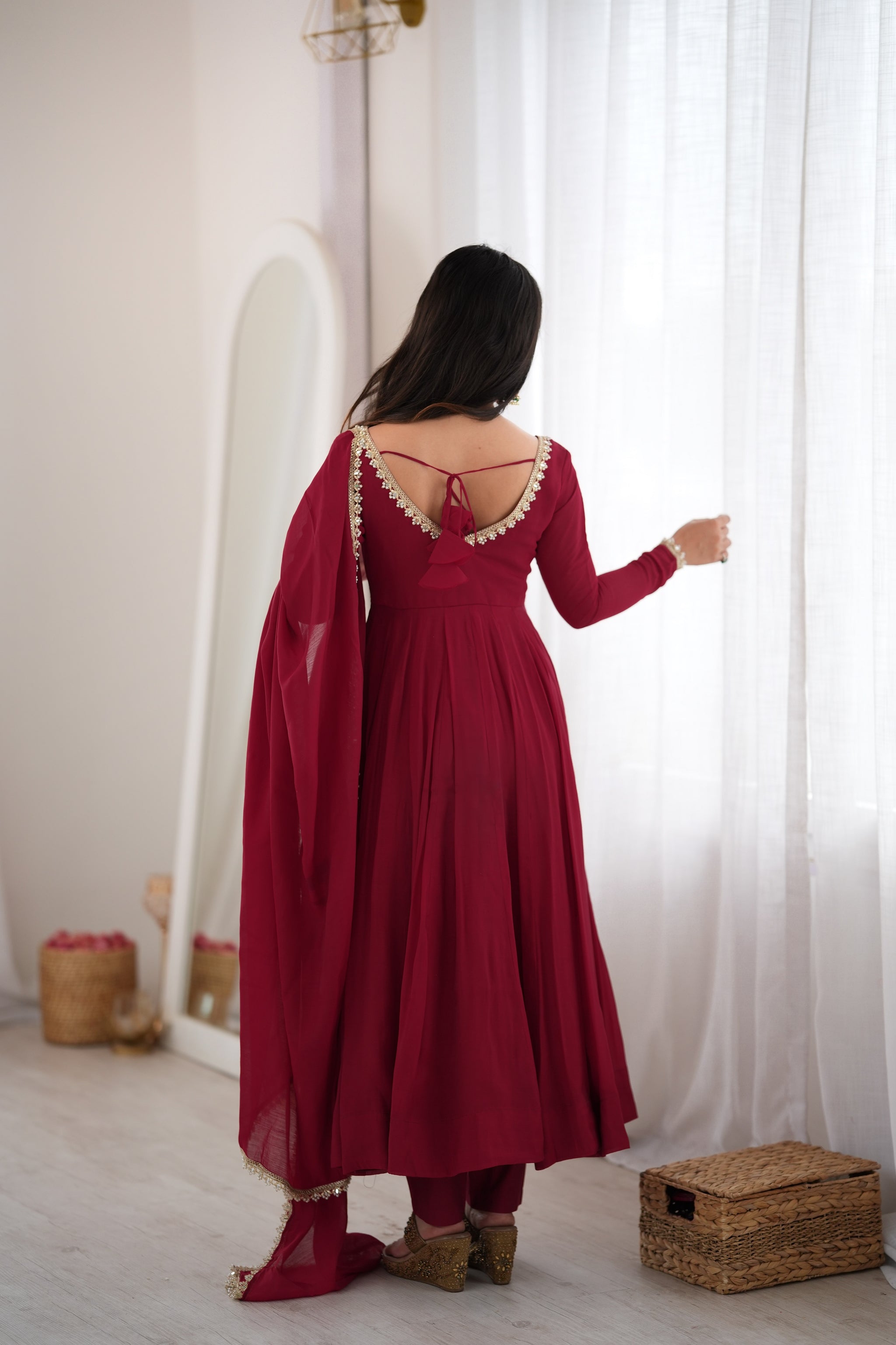 Maroon Color Pure Mal CHanderi Three Piece Anarkali Suit