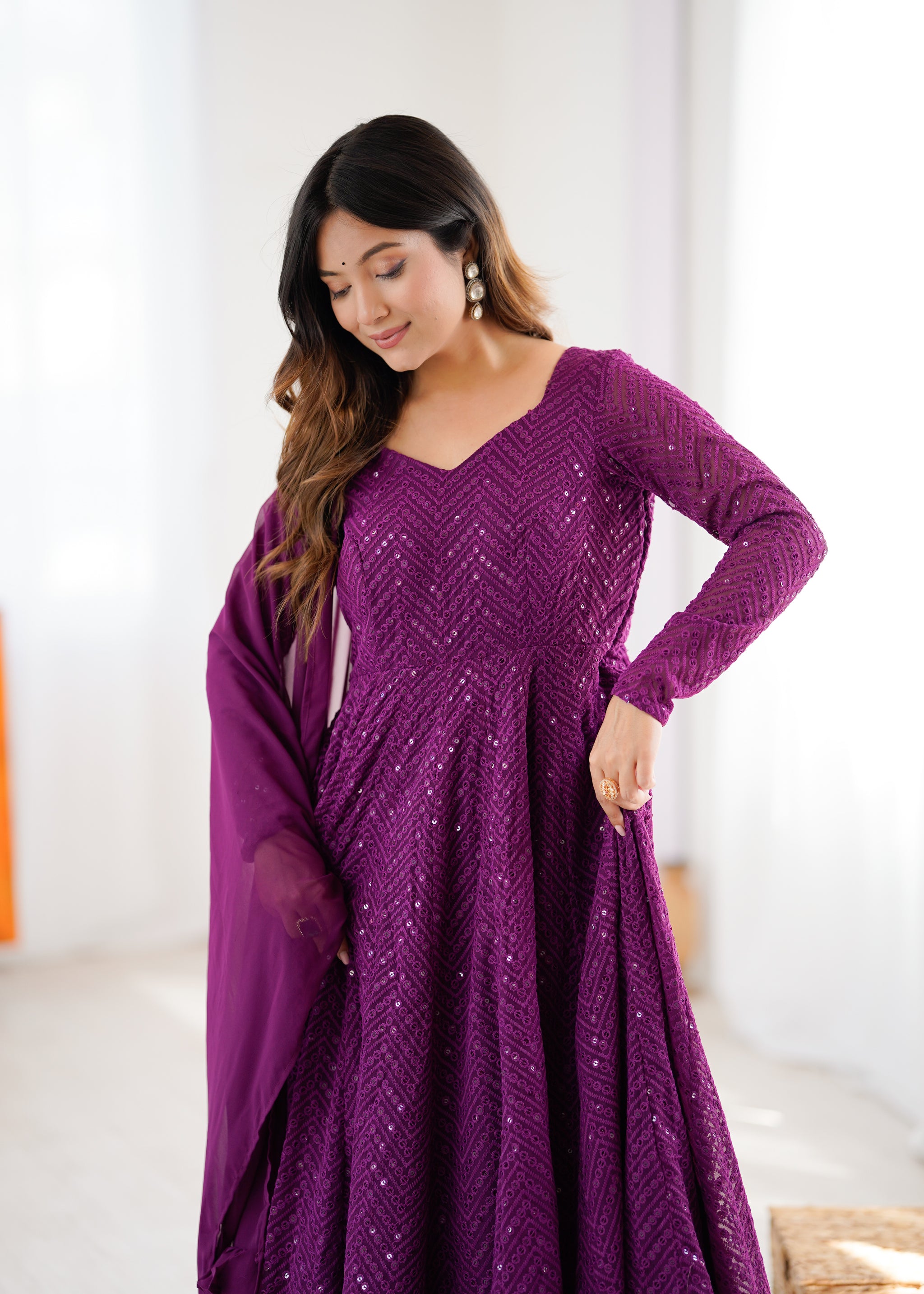 Wine Color Georgette Lucknowi Three Piece Anarkali Suit