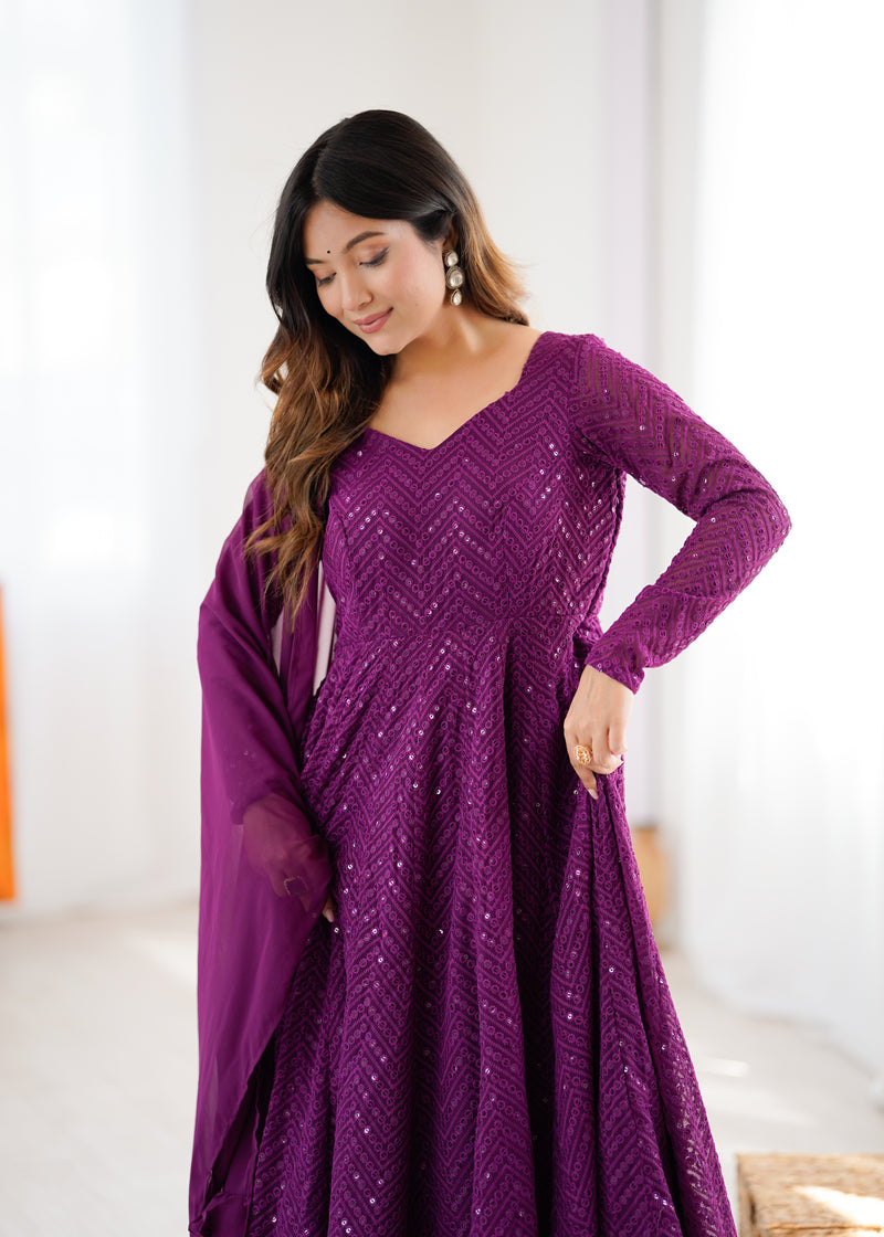 Wine Color Georgette Lucknowi Three Piece Anarkali Suit