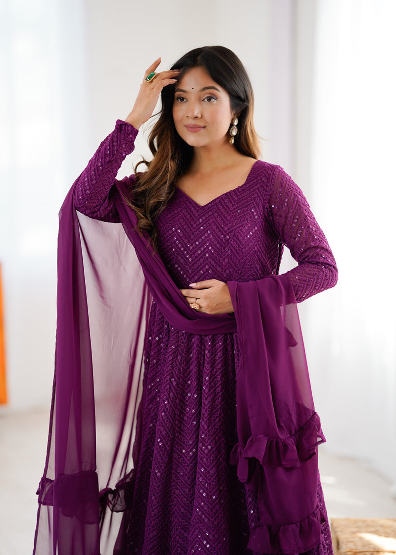 Wine Color Georgette Lucknowi Three Piece Anarkali Suit