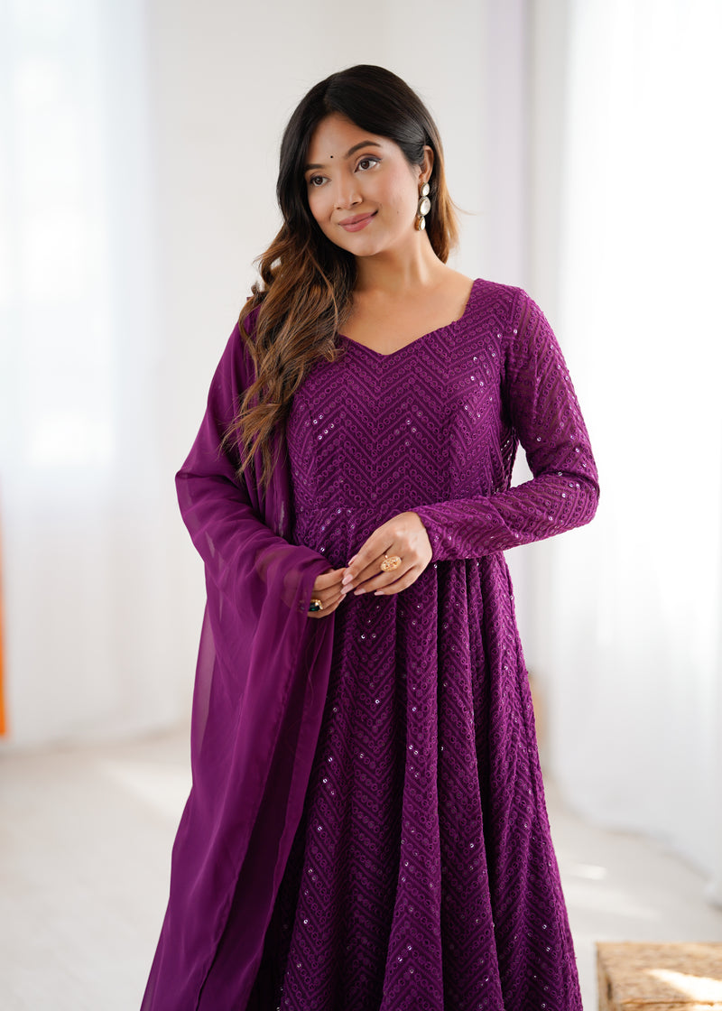 Wine Color Georgette Lucknowi Three Piece Anarkali Suit