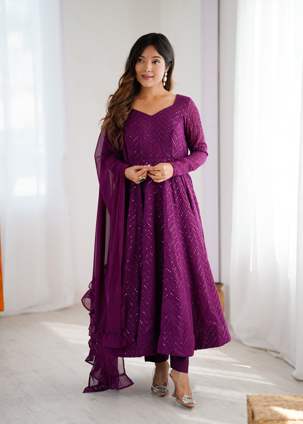 Wine Color Georgette Lucknowi Three Piece Anarkali Suit