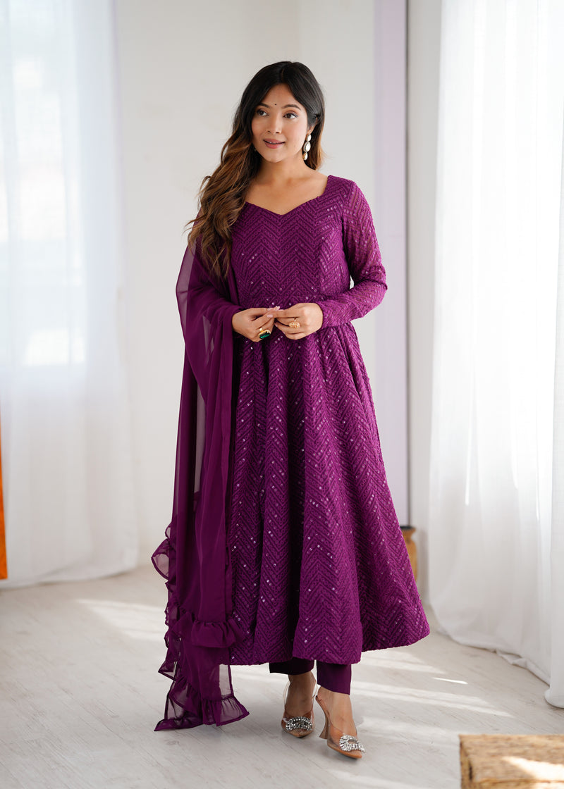 Wine Color Georgette Lucknowi Three Piece Anarkali Suit