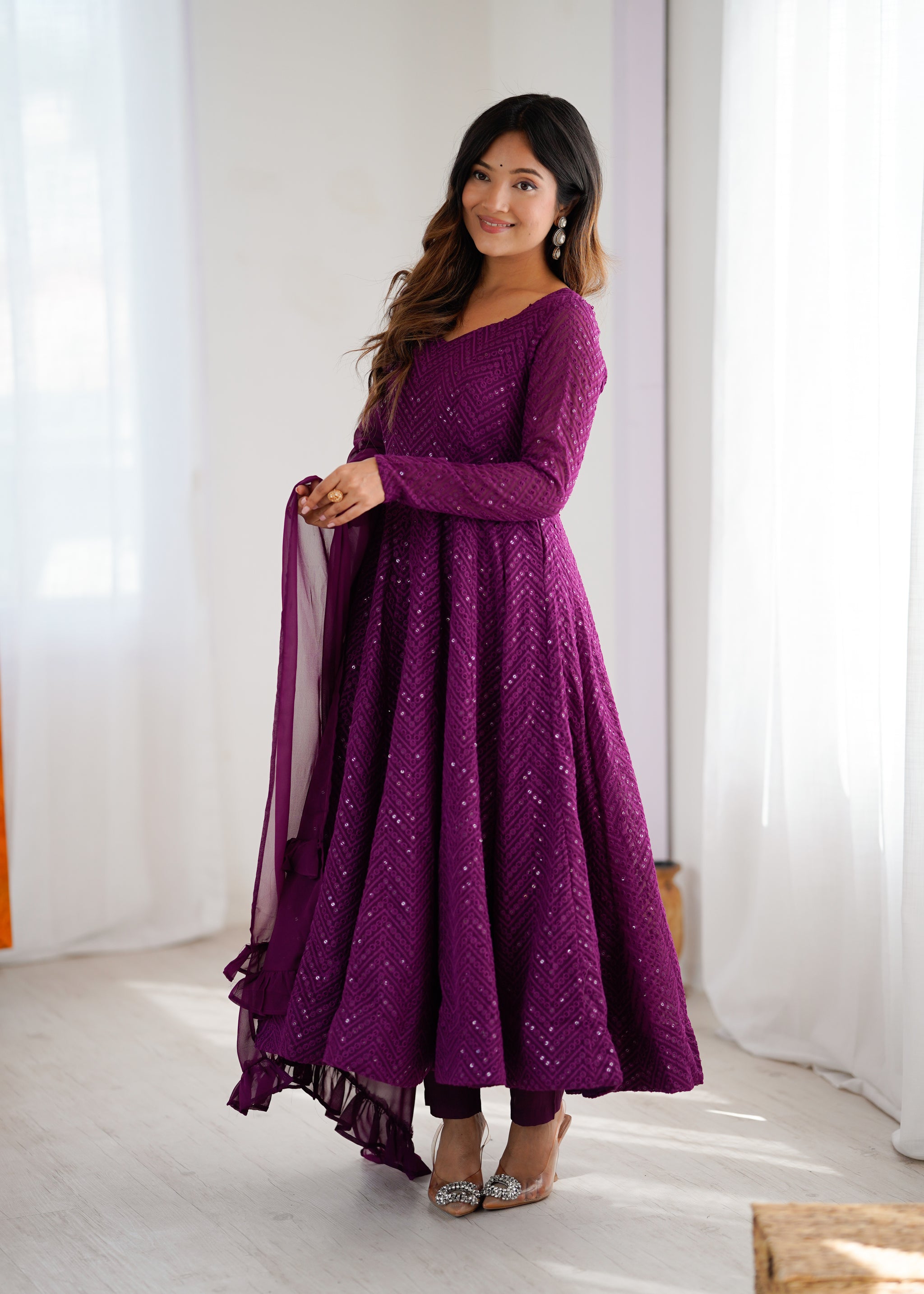 Wine Color Georgette Lucknowi Three Piece Anarkali Suit