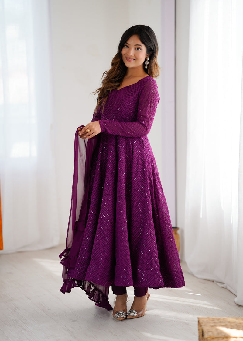 Wine Color Georgette Lucknowi Three Piece Anarkali Suit