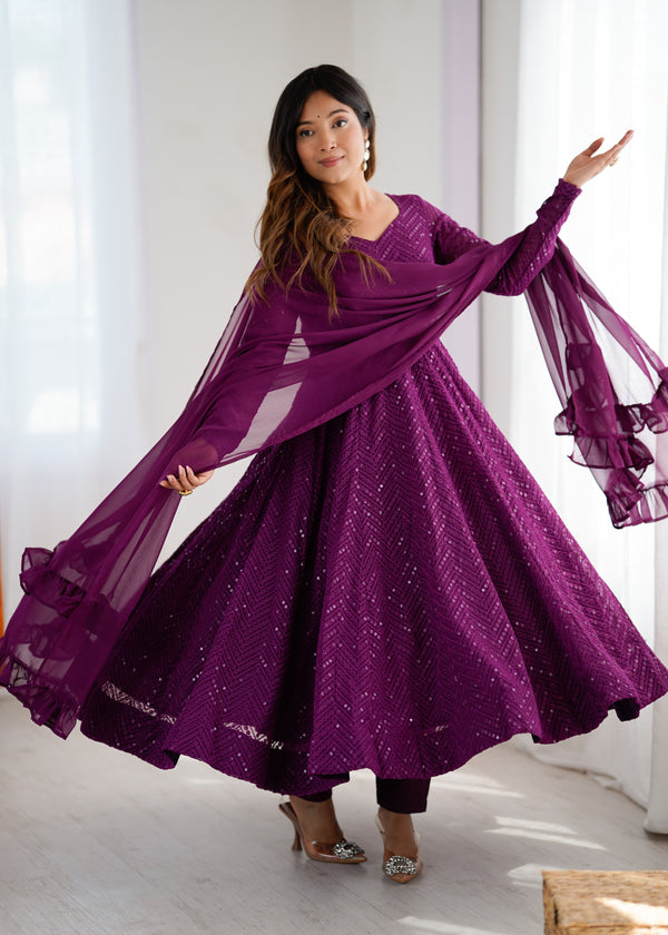 Wine Color Georgette Lucknowi Three Piece Anarkali Suit