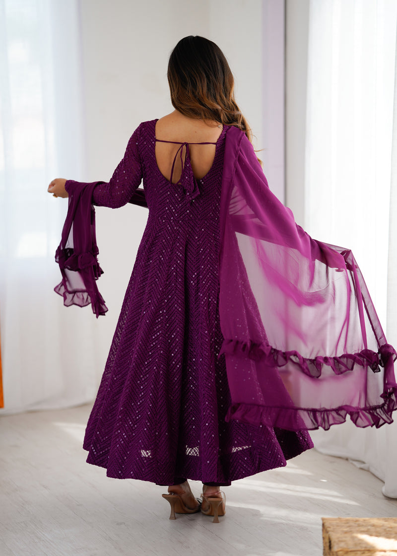 Wine Color Georgette Lucknowi Three Piece Anarkali Suit