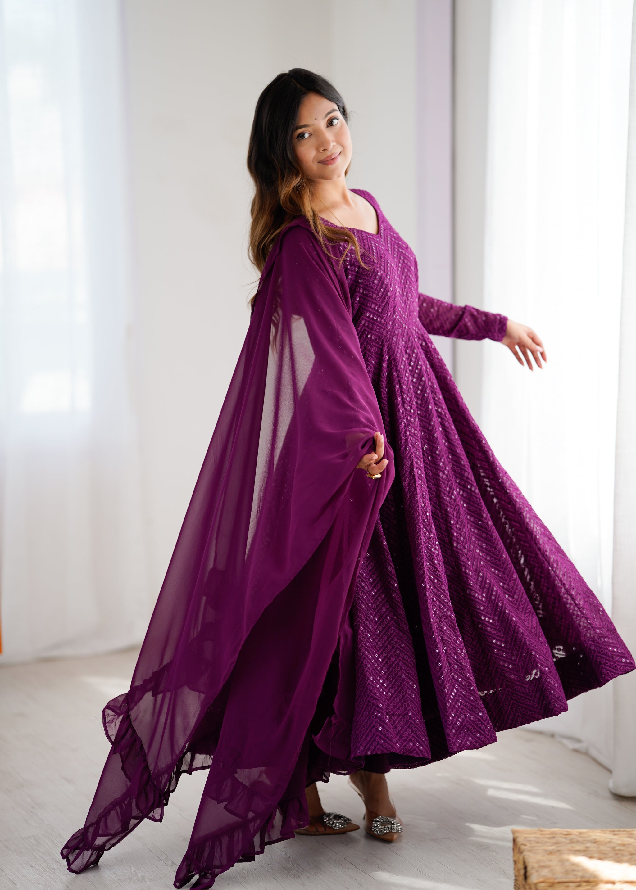 Wine Color Georgette Lucknowi Three Piece Anarkali Suit
