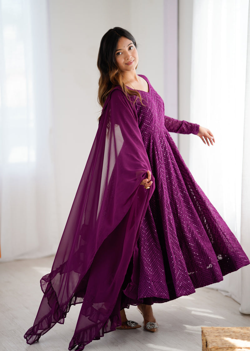 Wine Color Georgette Lucknowi Three Piece Anarkali Suit