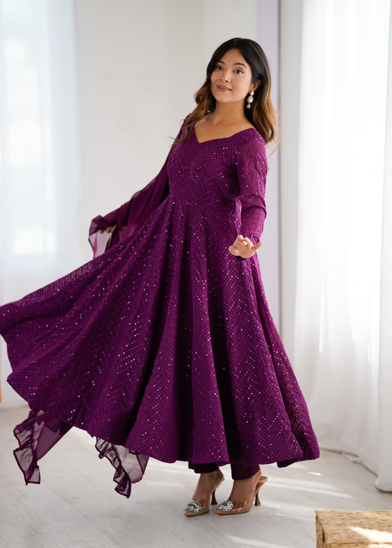 Wine Color Georgette Lucknowi Three Piece Anarkali Suit