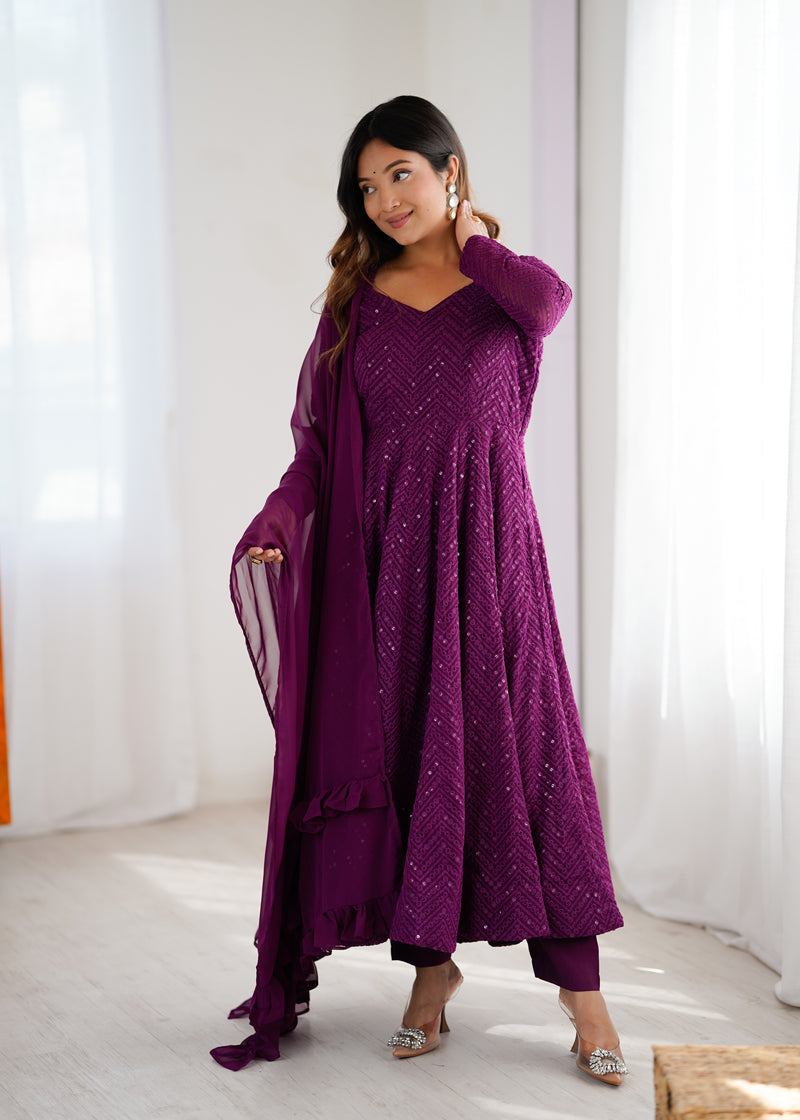 Wine Color Georgette Lucknowi Three Piece Anarkali Suit