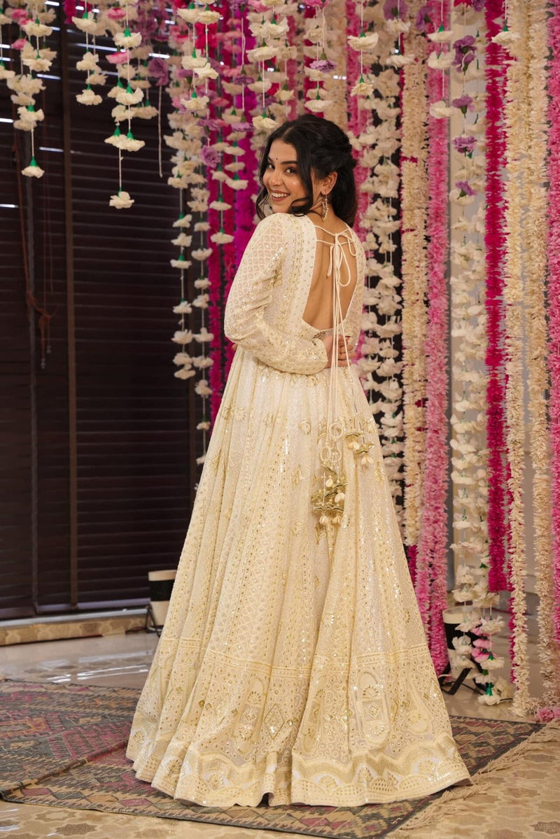 Aniska White Lakhnavi Embroidered Work Anarkali Suit Set