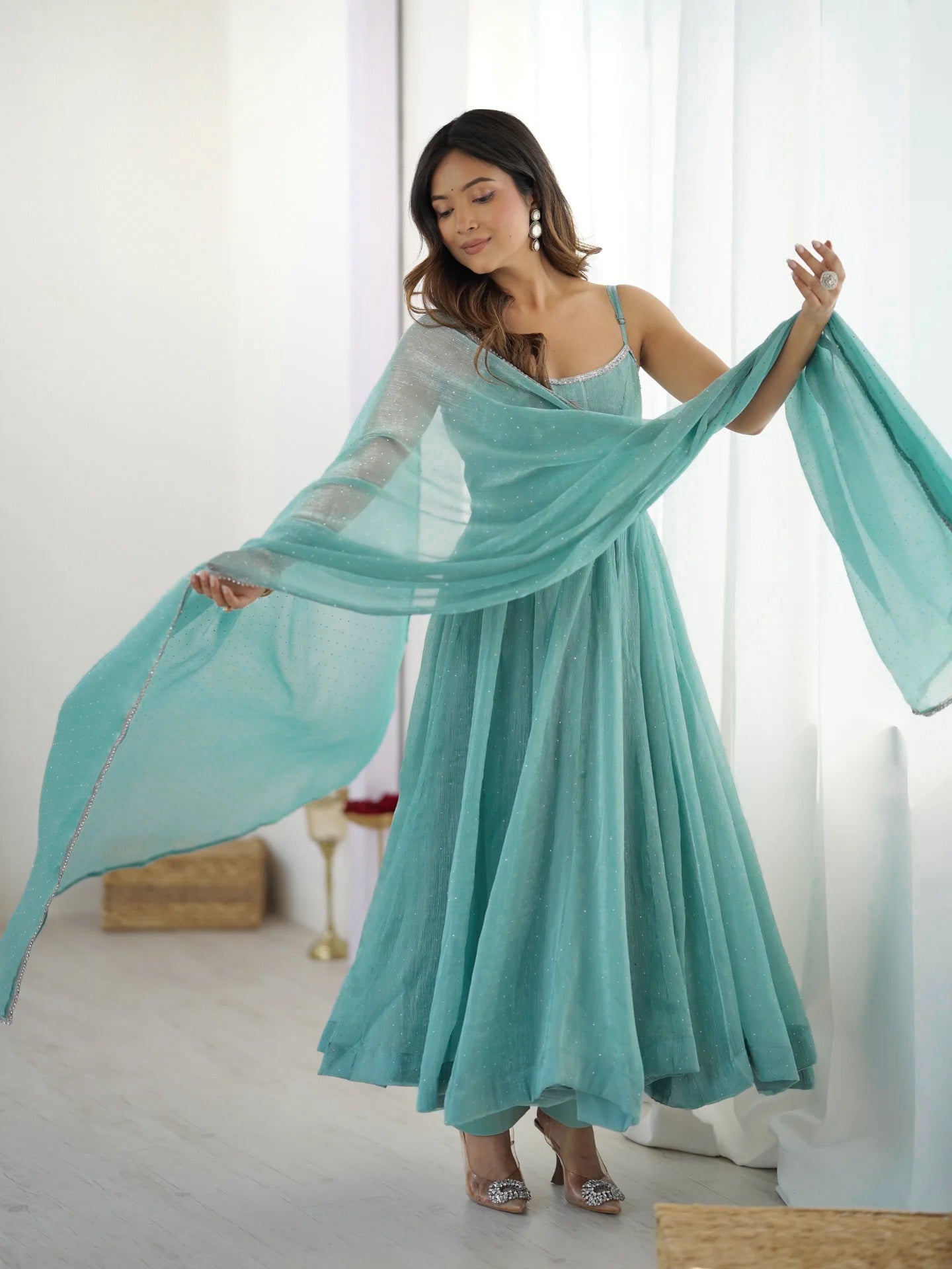 Sky Blue Color Crunchy Silk Ethnic Anarkali Suit with Dupatta