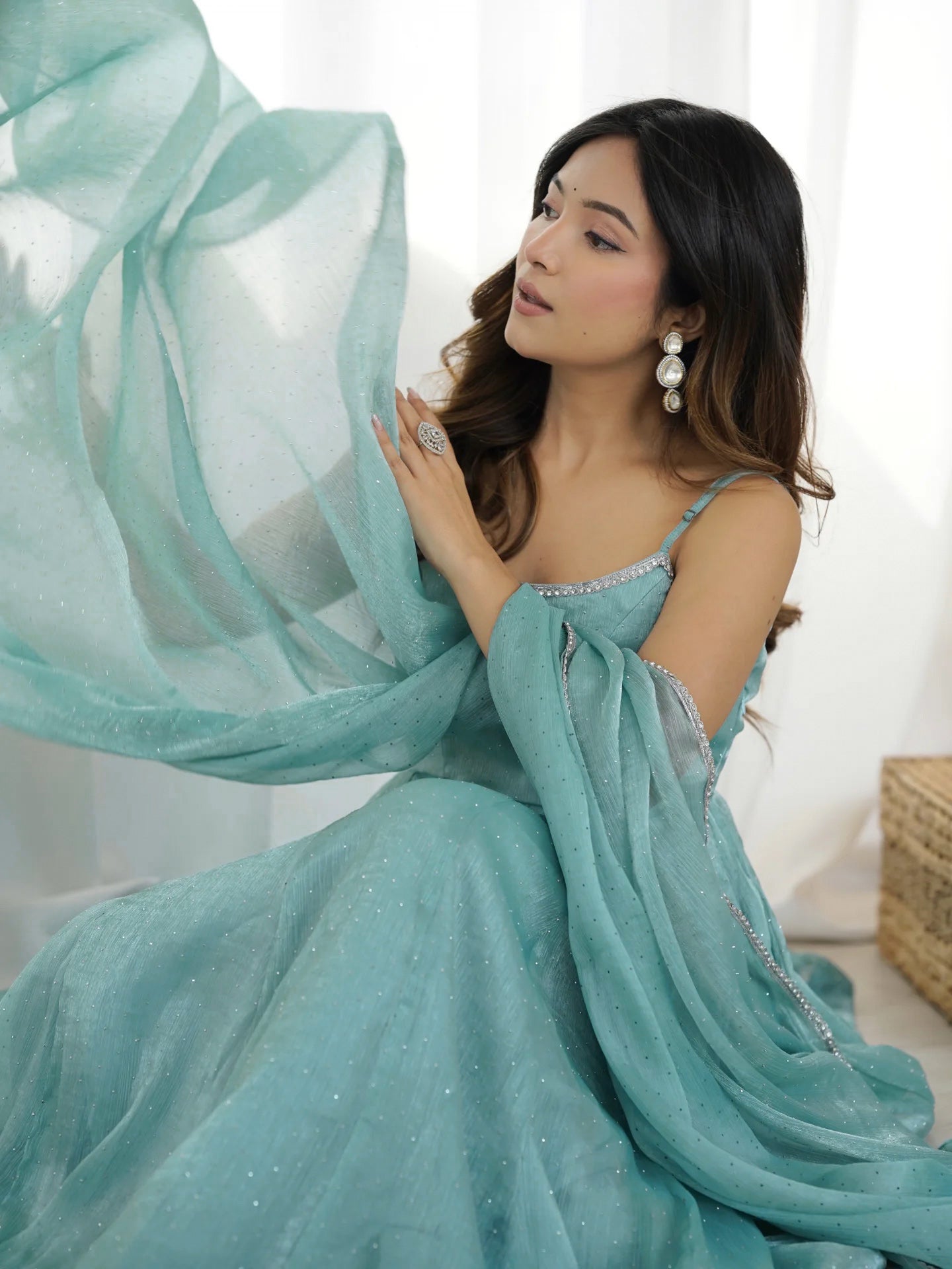 Sky Blue Color Crunchy Silk Ethnic Anarkali Suit with Dupatta