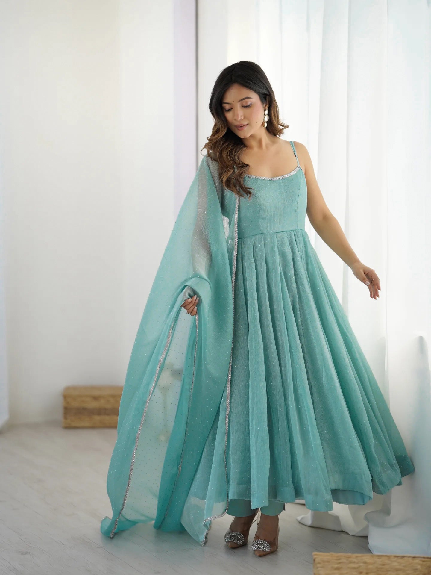 Sky Blue Color Crunchy Silk Ethnic Anarkali Suit with Dupatta