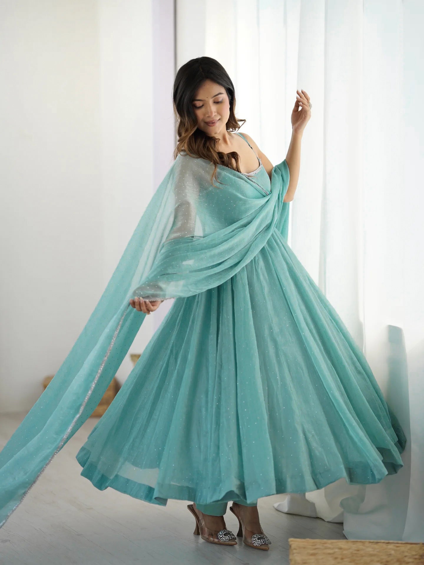 Sky Blue Color Crunchy Silk Ethnic Anarkali Suit with Dupatta