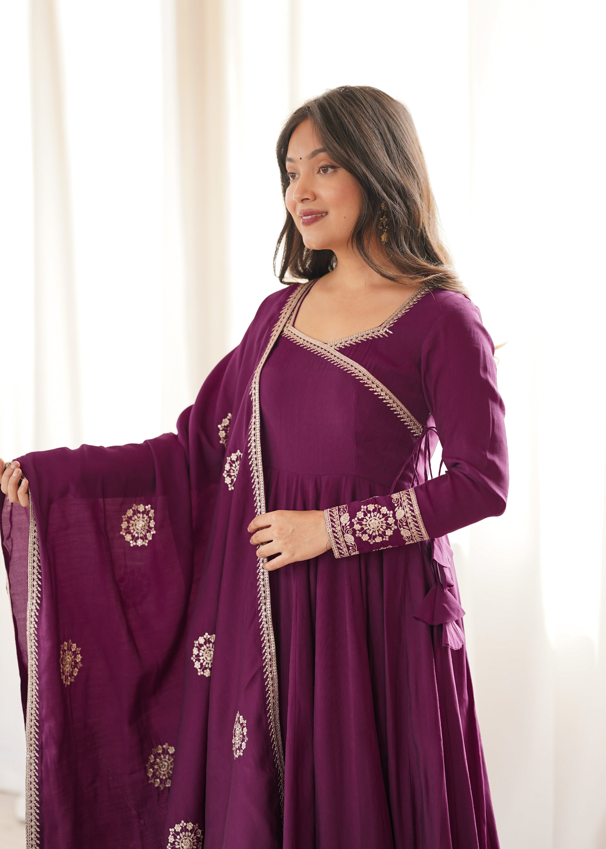 Wine Color Pure Roman Chanderi Silk Anarkali Suit