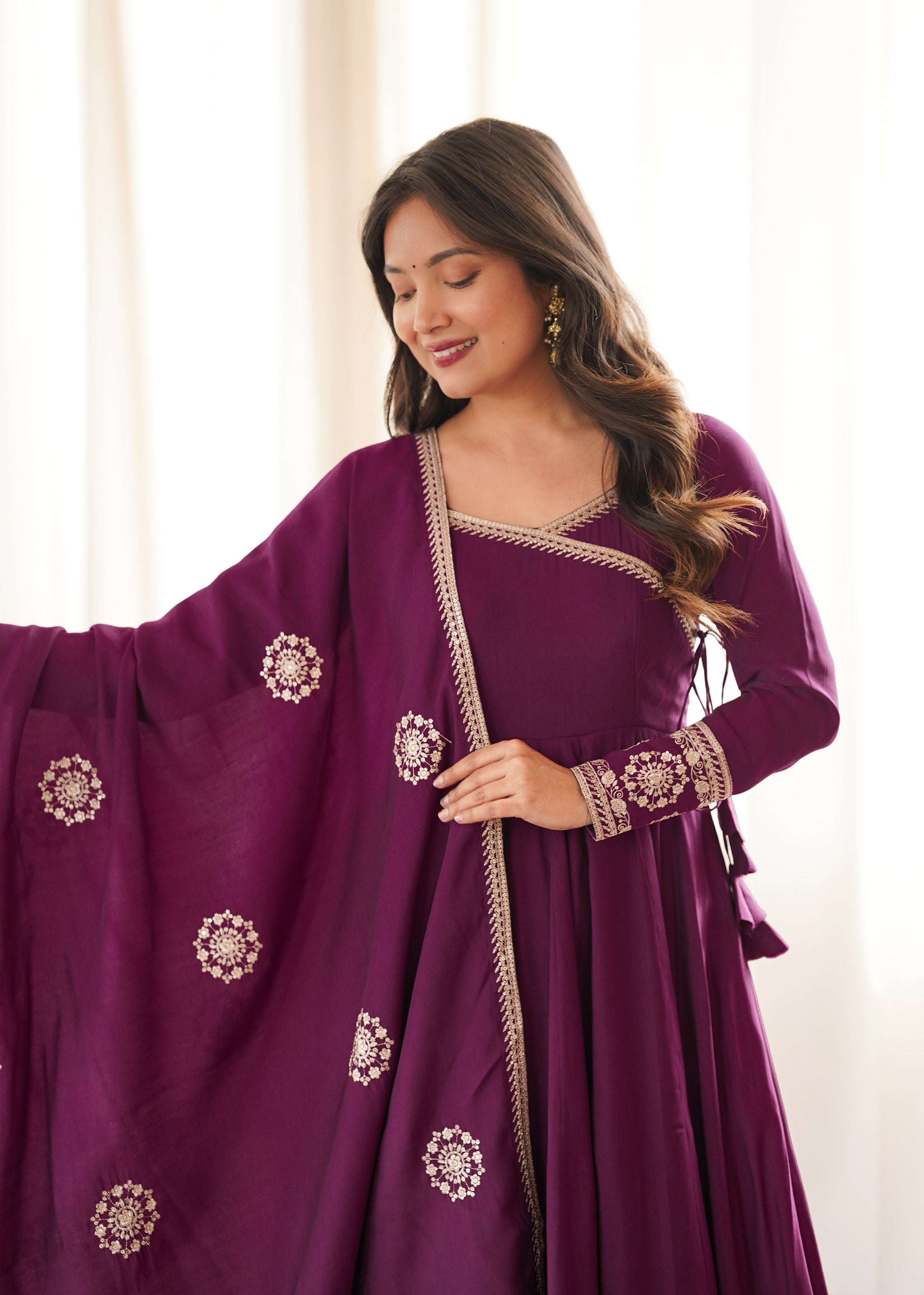 Wine Color Pure Roman Chanderi Silk Anarkali Suit