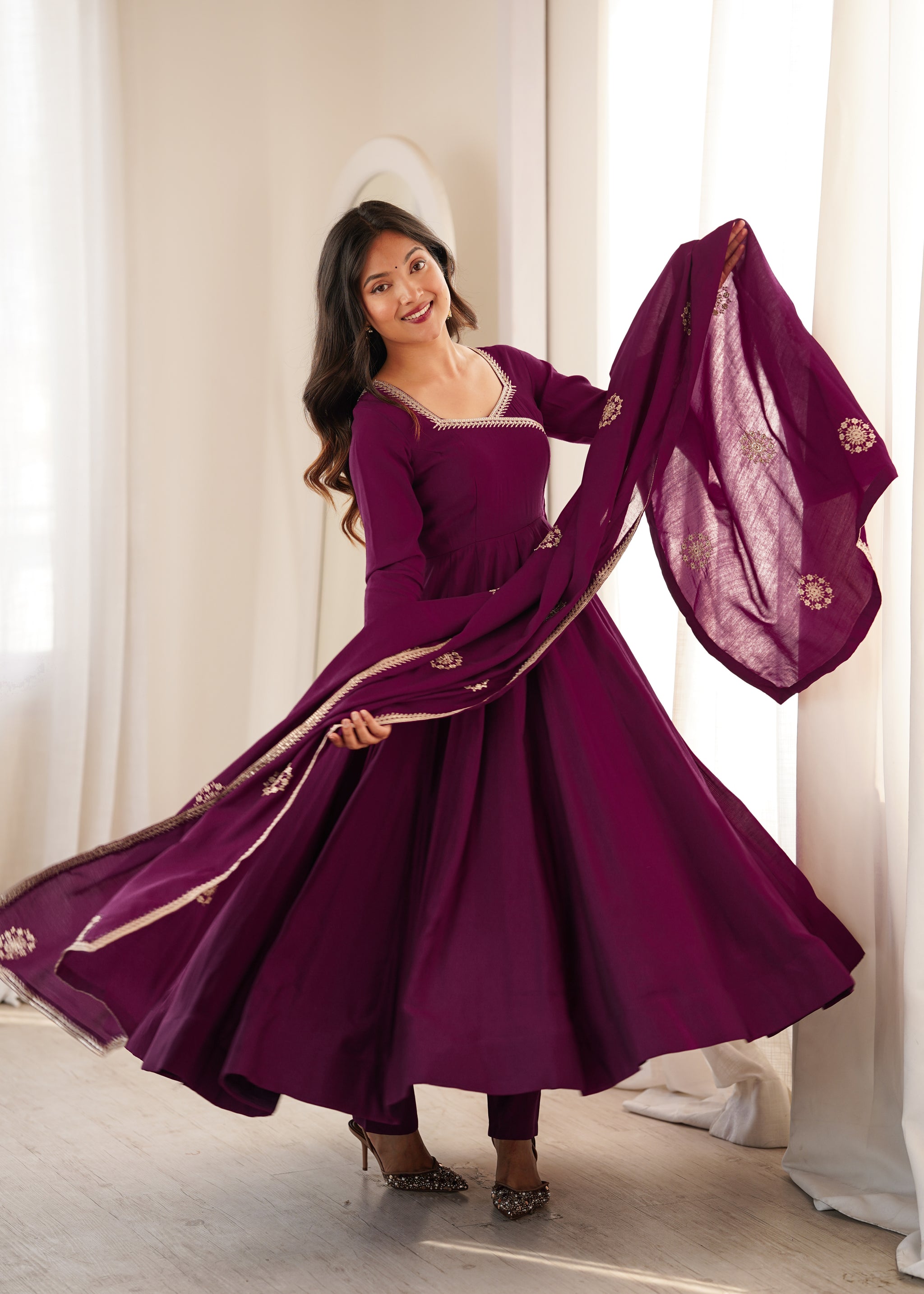 Wine Color Pure Roman Chanderi Silk Anarkali Suit
