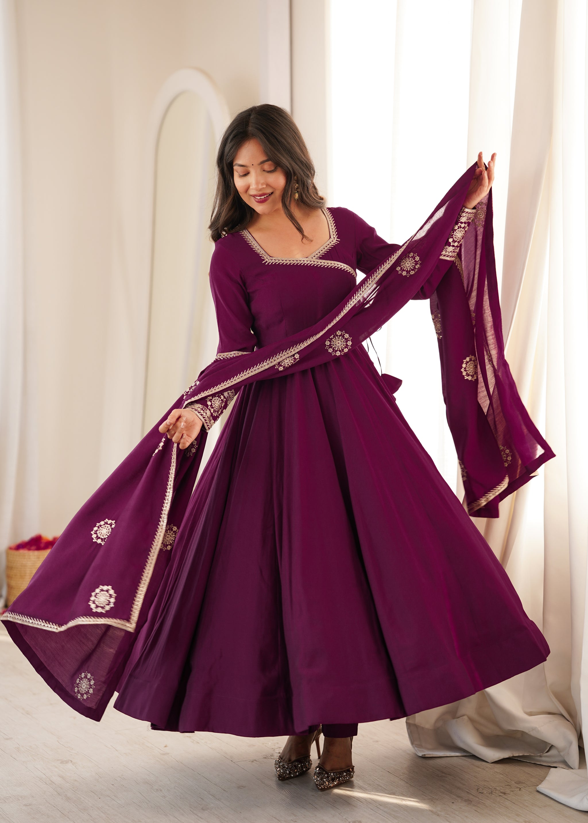 Wine Color Pure Roman Chanderi Silk Anarkali Suit