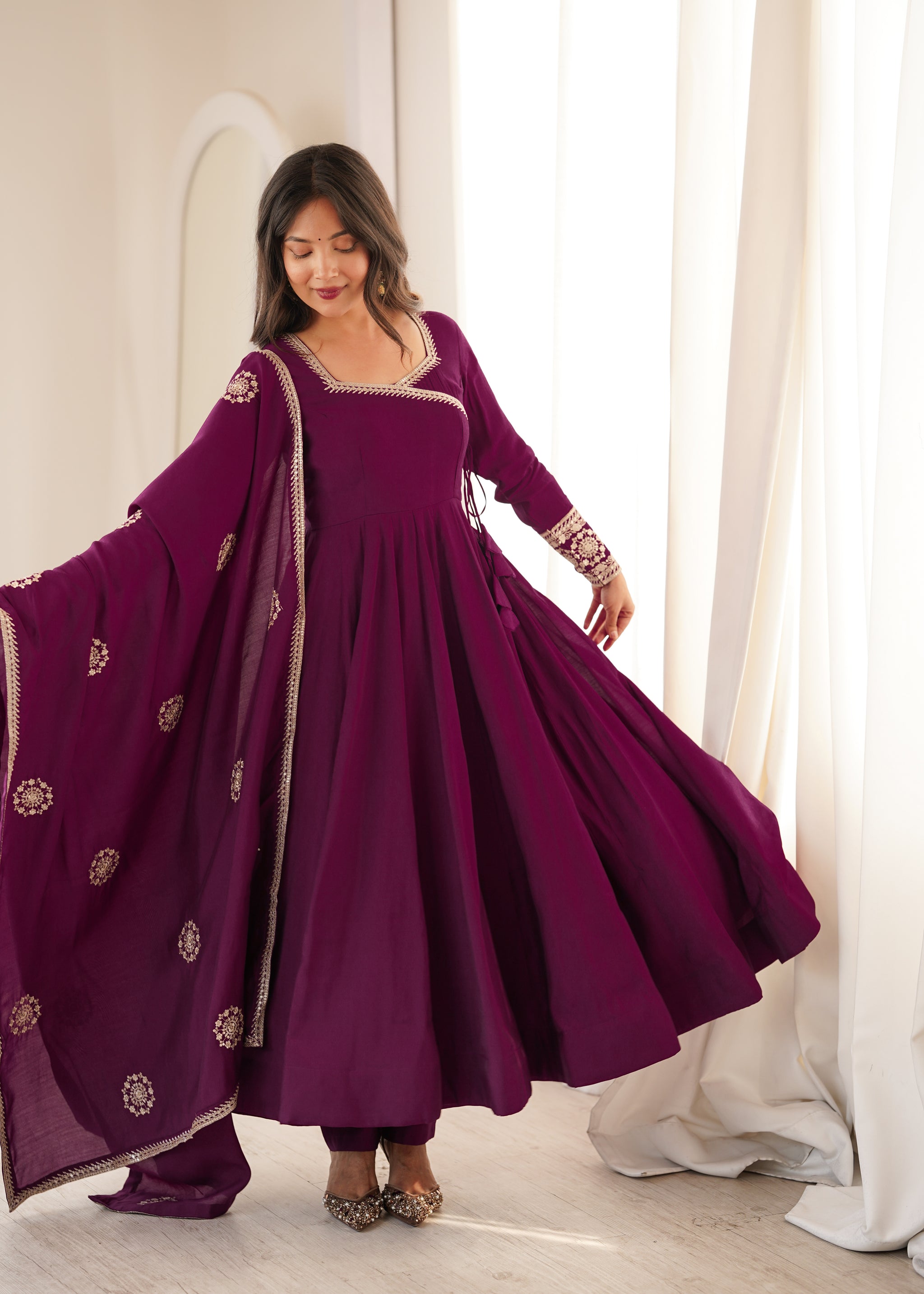 Wine Color Pure Roman Chanderi Silk Anarkali Suit