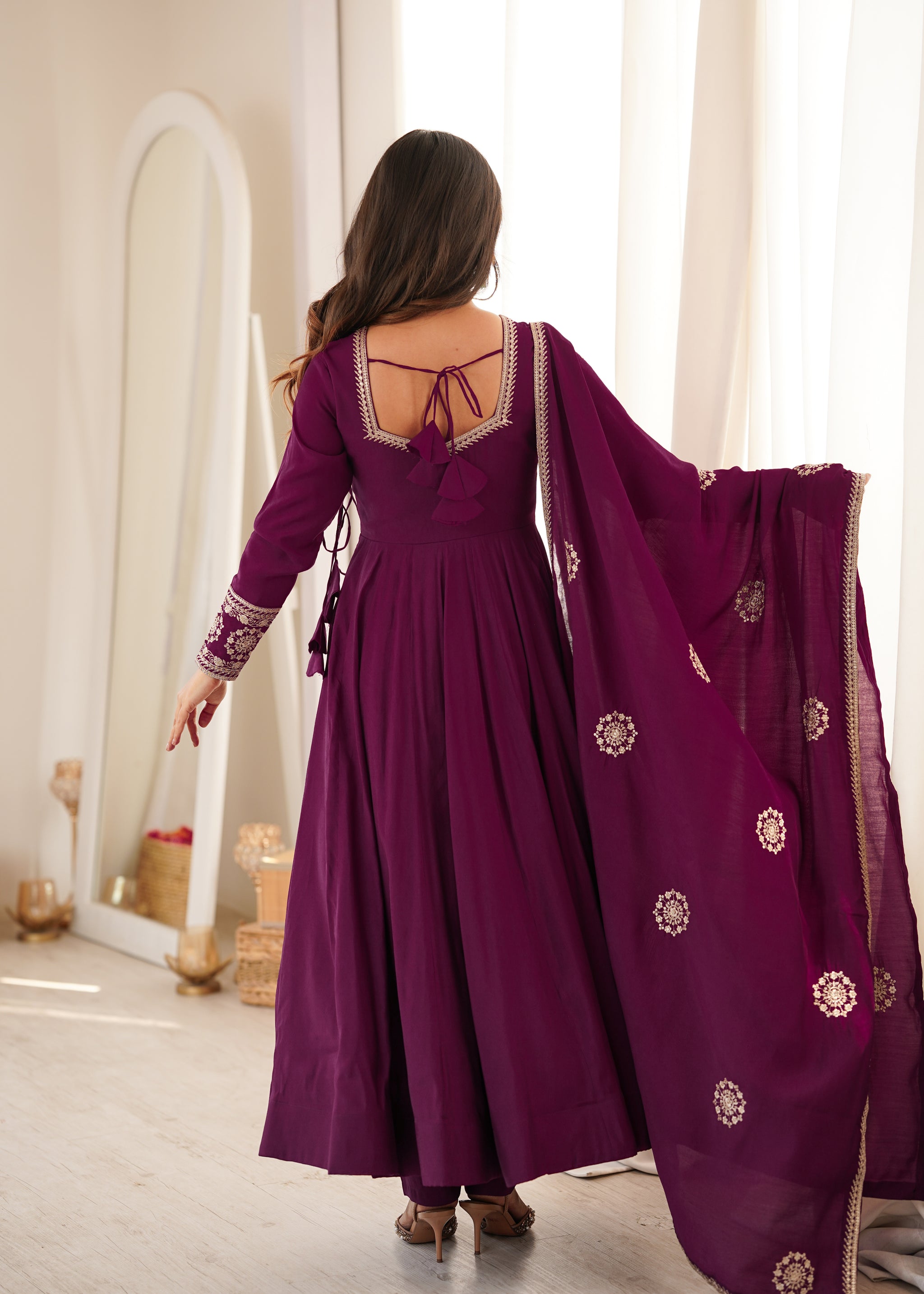 Wine Color Pure Roman Chanderi Silk Anarkali Suit