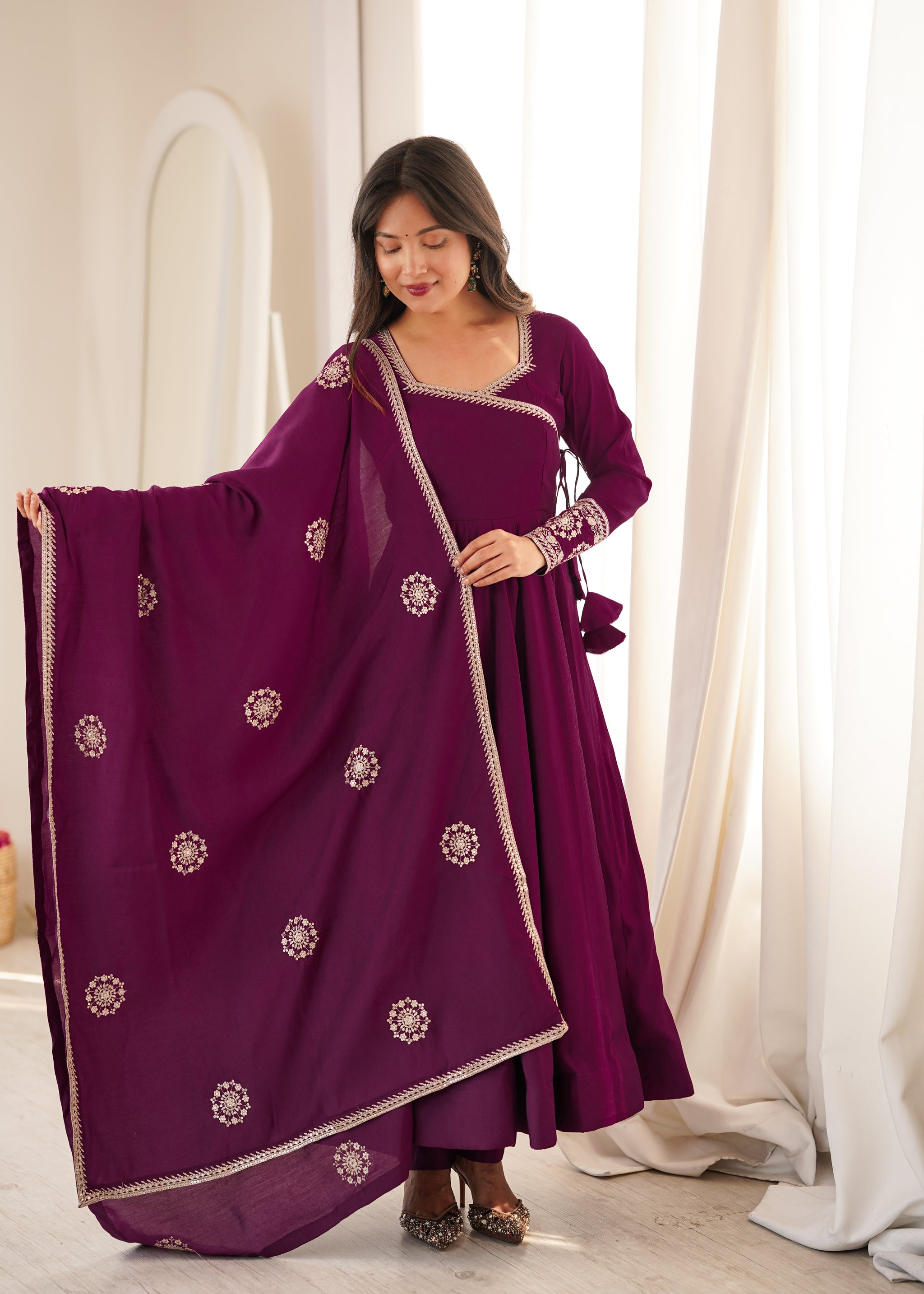 Wine Color Pure Roman Chanderi Silk Anarkali Suit