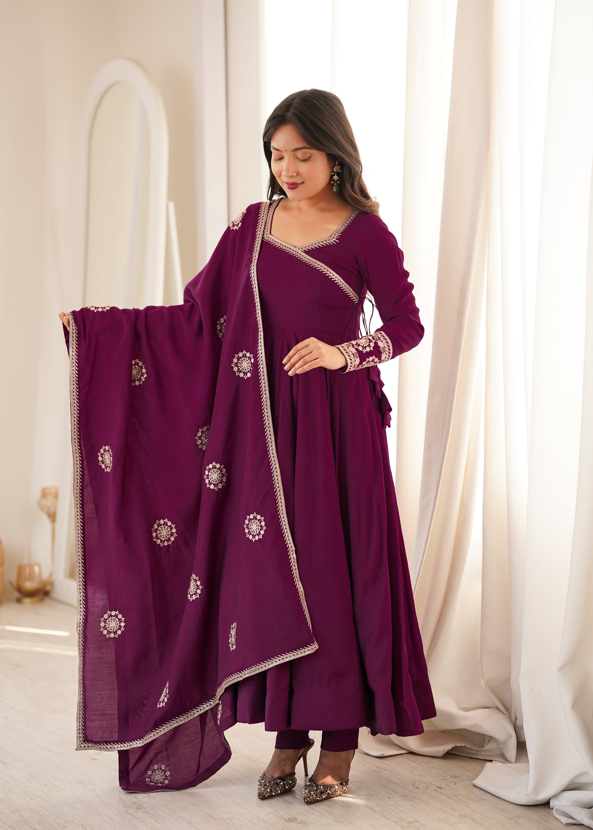 Wine Color Pure Roman Chanderi Silk Anarkali Suit