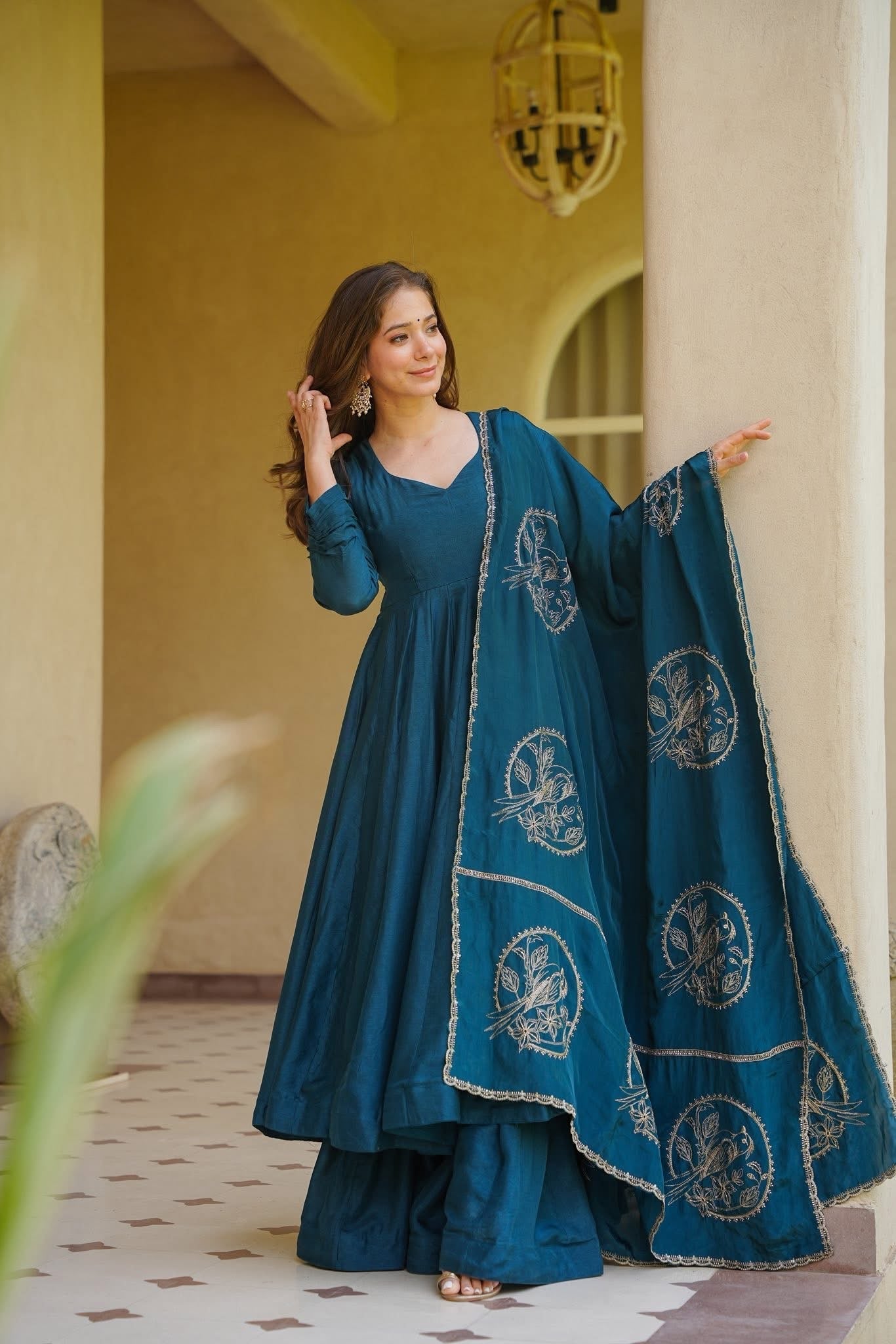 Teal Blue Solid Anarkali Suit with Embroidered Dupatta