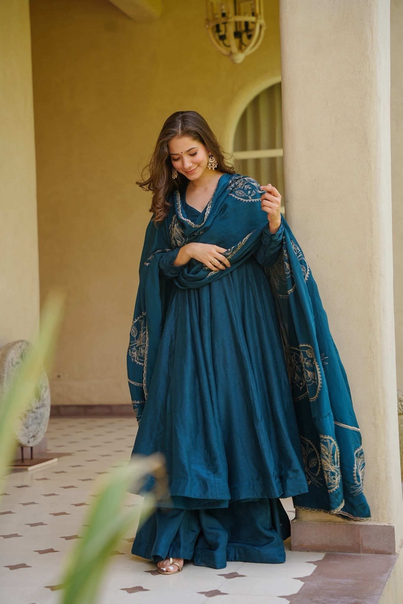Teal Blue Solid Anarkali Suit with Embroidered Dupatta