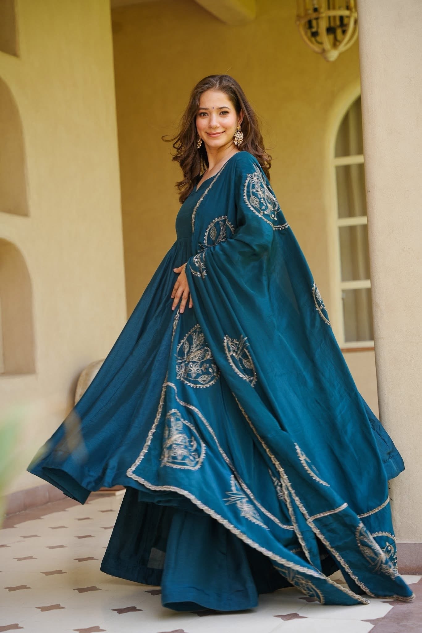 Teal Blue Solid Anarkali Suit with Embroidered Dupatta