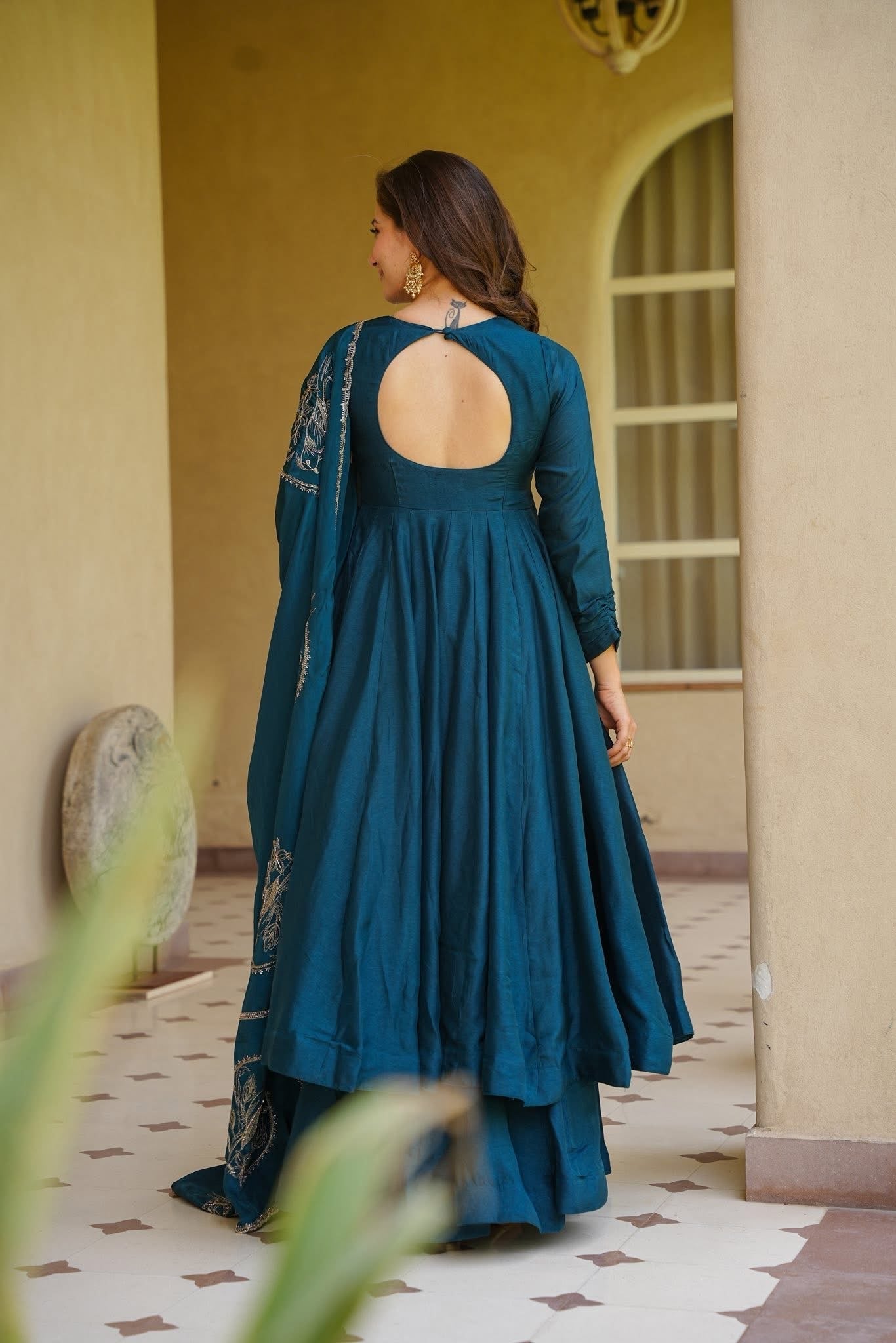 Teal Blue Solid Anarkali Suit with Embroidered Dupatta