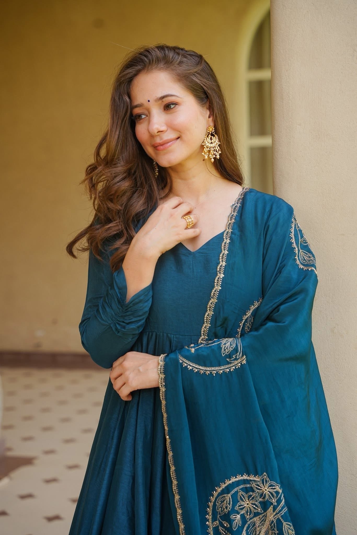 Teal Blue Solid Anarkali Suit with Embroidered Dupatta