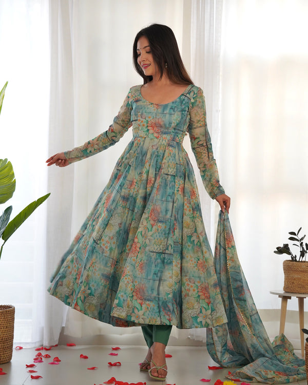 Bottle Green Color Floral Print Organza Three Piece Anarkali Suit