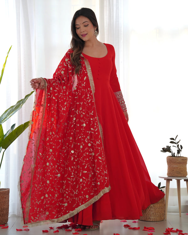 Beautiful Red Color Georgette Gown With Embroidery Sequence