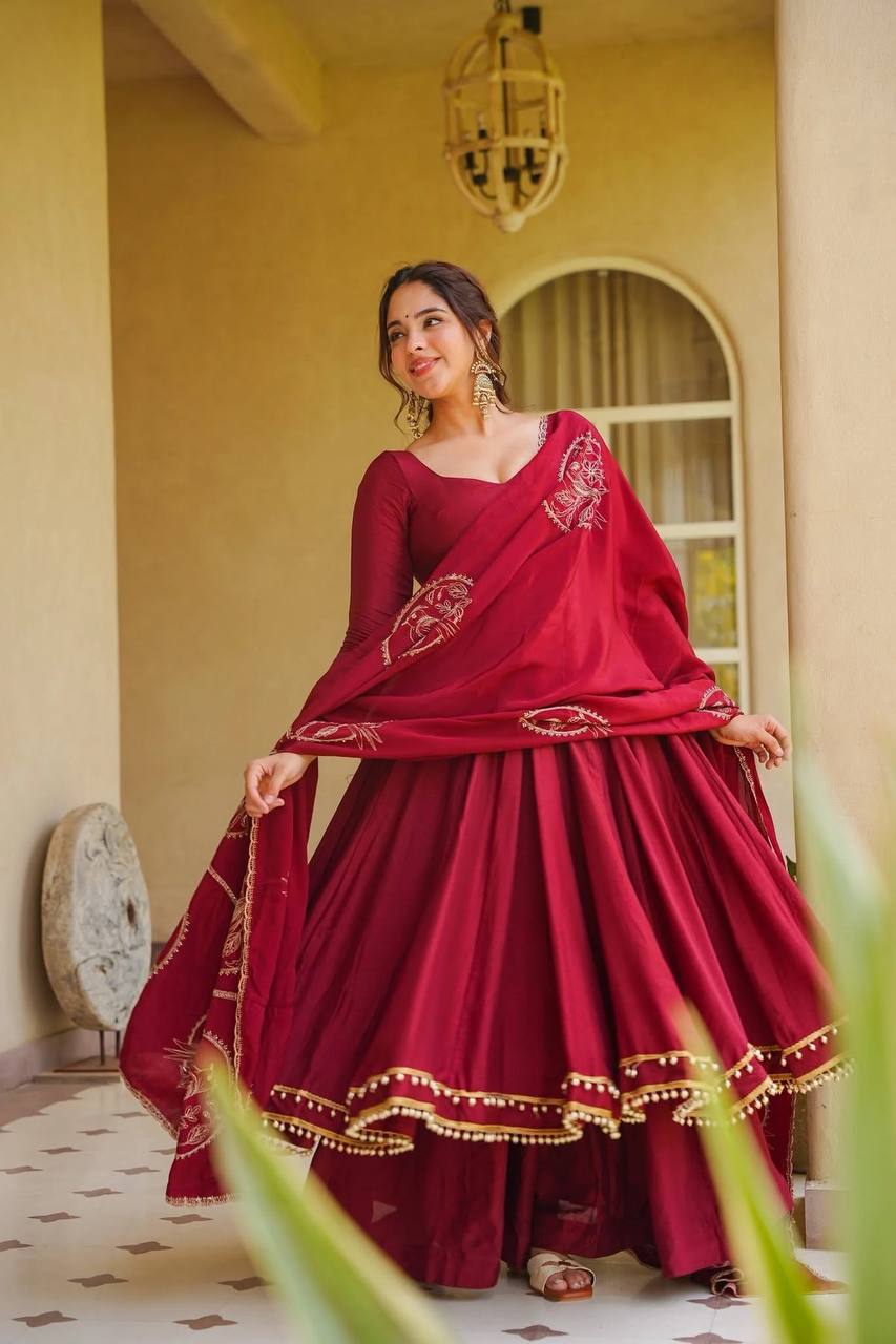 Maroon Solid Anarkali Suit with Embroidered Dupatta