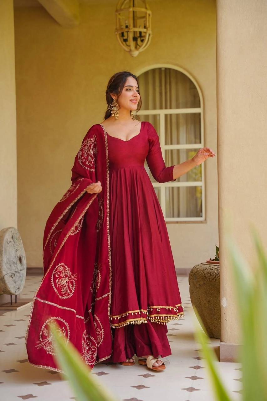 Maroon Solid Anarkali Suit with Embroidered Dupatta