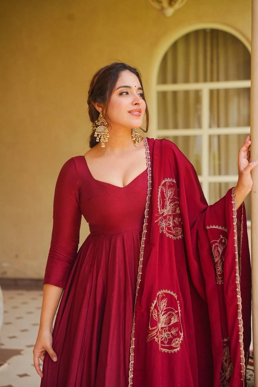 Maroon Solid Anarkali Suit with Embroidered Dupatta