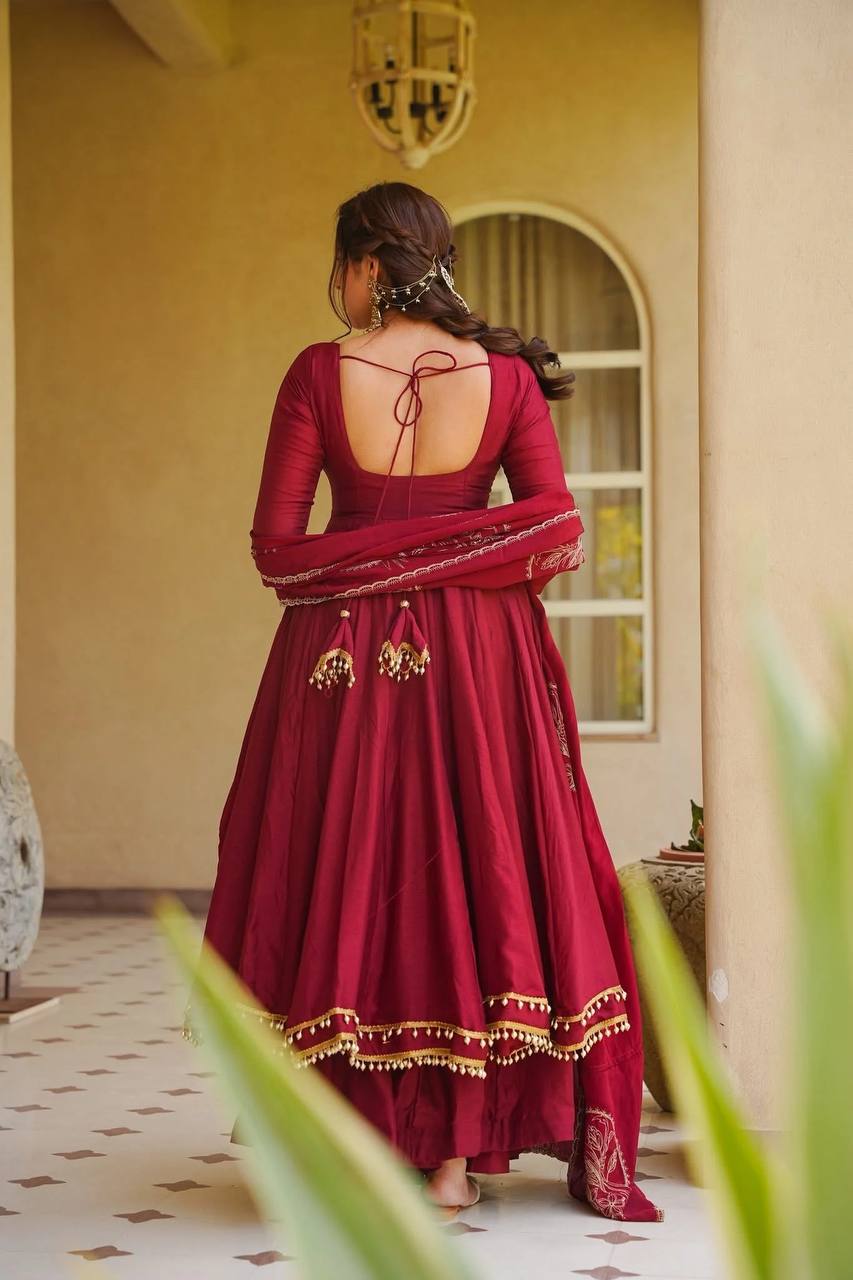 Maroon Solid Anarkali Suit with Embroidered Dupatta