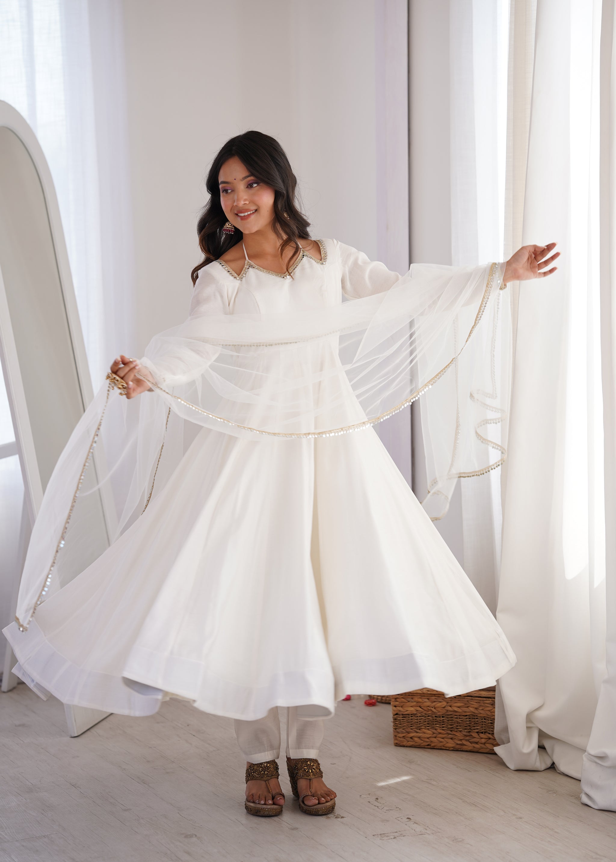 White Color Chanderi Roman Silk Three Piece Anarkali Suit