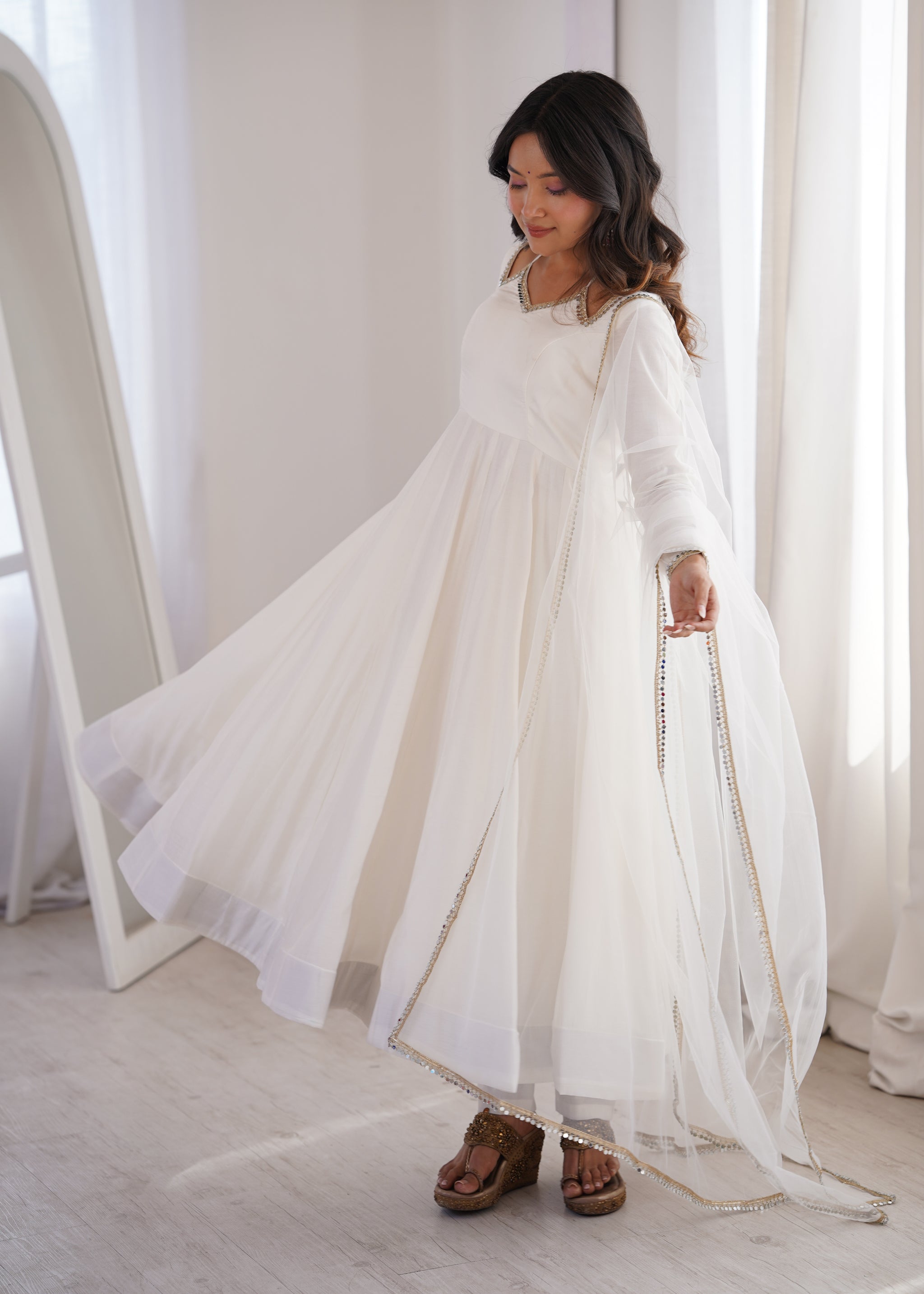 White Color Chanderi Roman Silk Three Piece Anarkali Suit