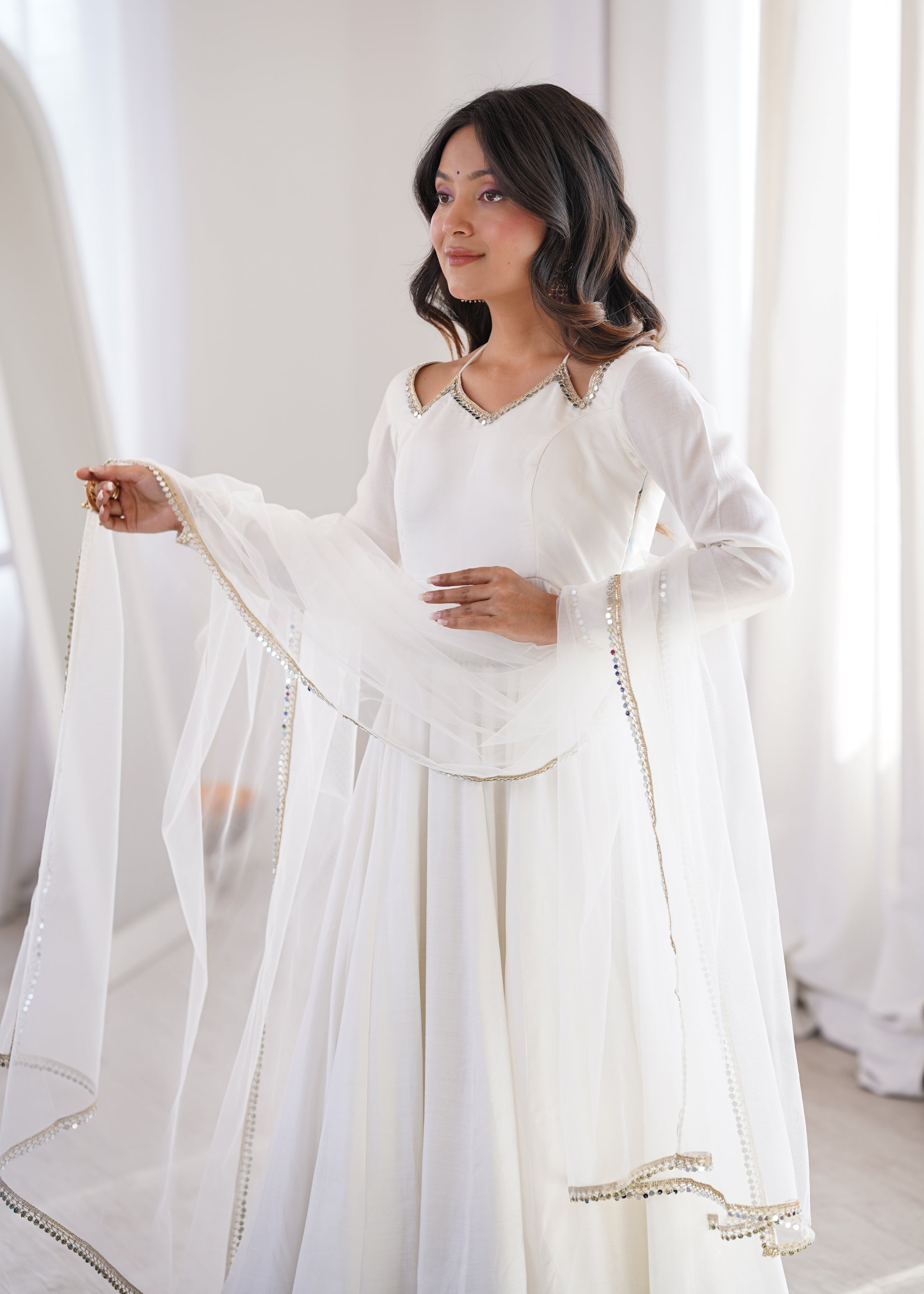 White Color Chanderi Roman Silk Three Piece Anarkali Suit